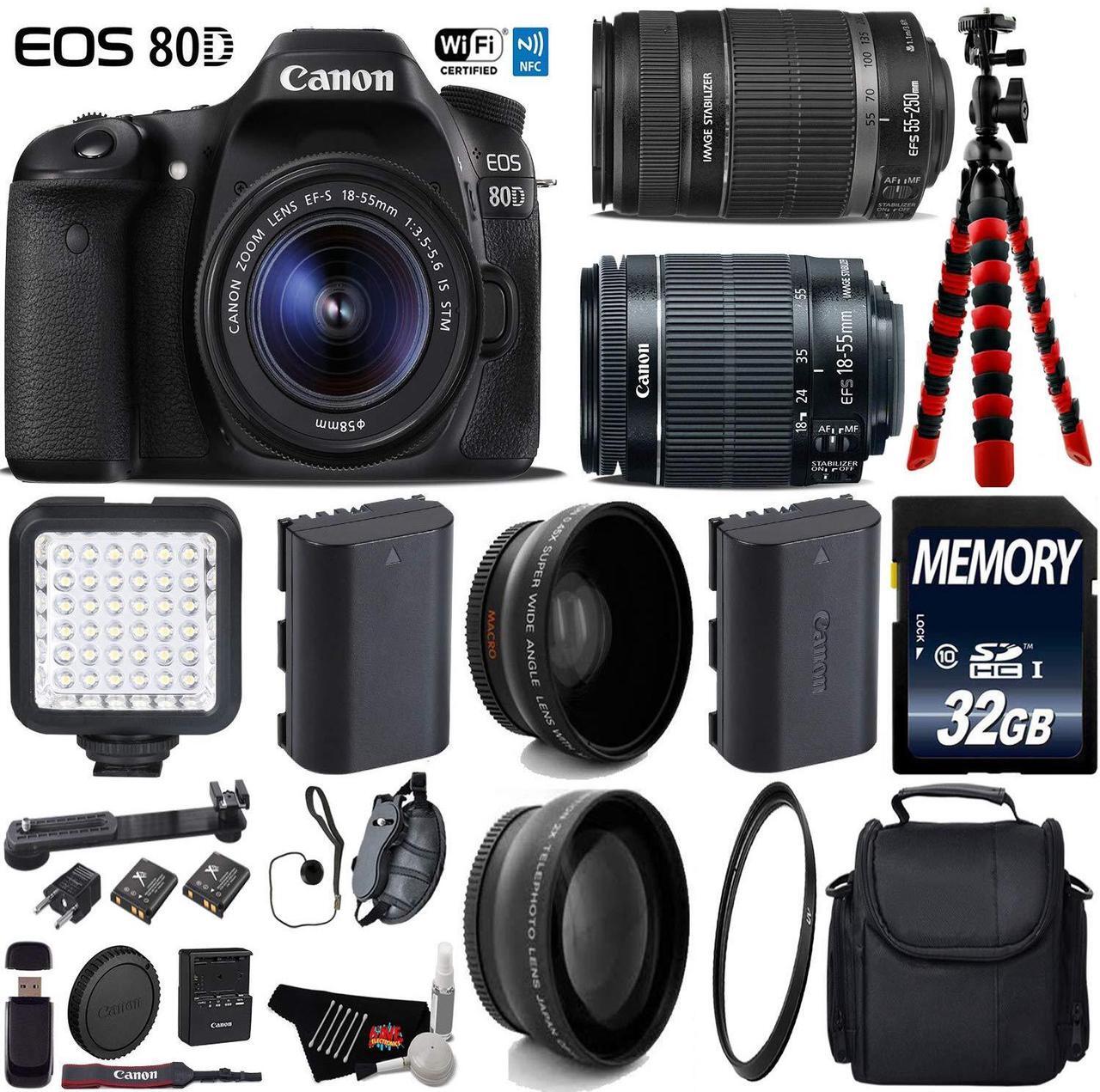 Main image of Canon EOS 80D DSLR Camera with 18-55mm is STM Lens & 55-250mm is II Lens + Camera Case + LED + UV FLD CPL Filter Kit + Wide Angle & Telephoto Lens + Tripod + Card Reader - Intl Model