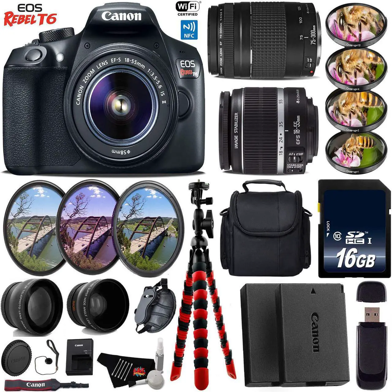 Main image of Canon EOS Rebel T6 DSLR Camera with 18-55mm IS II Lens & 75-300mm III Lens + UV FLD CPL Filter Kit + 4 PC Macro Kit + Wide Angle & Telephoto Lens + Case + Tripod + Card Reader + Bundle (Intl Model)