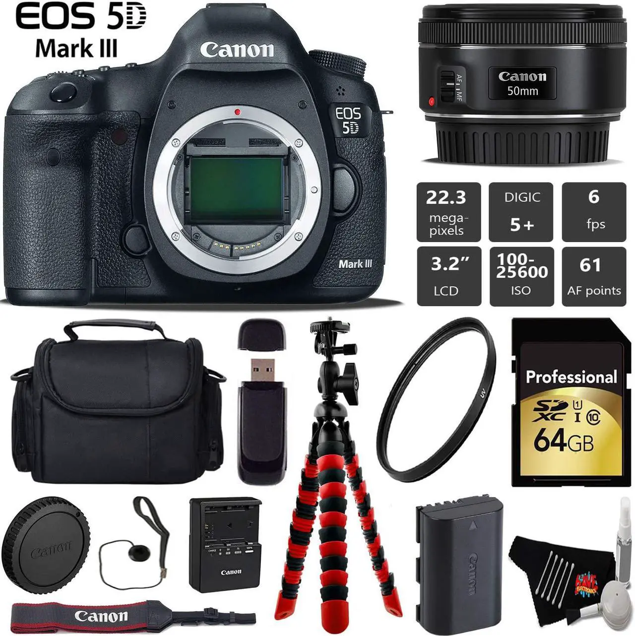 Main image of Canon EOS 5D Mark III DSLR Camera with 50mm f/1.8 STM Lens + Wireless Remote + UV Protection Filter + Case + Wrist Strap + Tripod + Card Reader - Intl Model