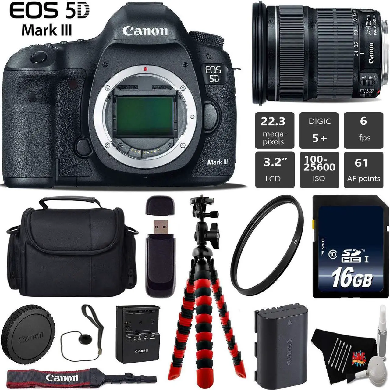 Main image of Canon EOS 5D Mark III DSLR Camera with 24-105mm is STM Lens + Tripod + Wireless Remote + UV Protection Filter + Case + Wrist Strap + Card Reader - Intl Model