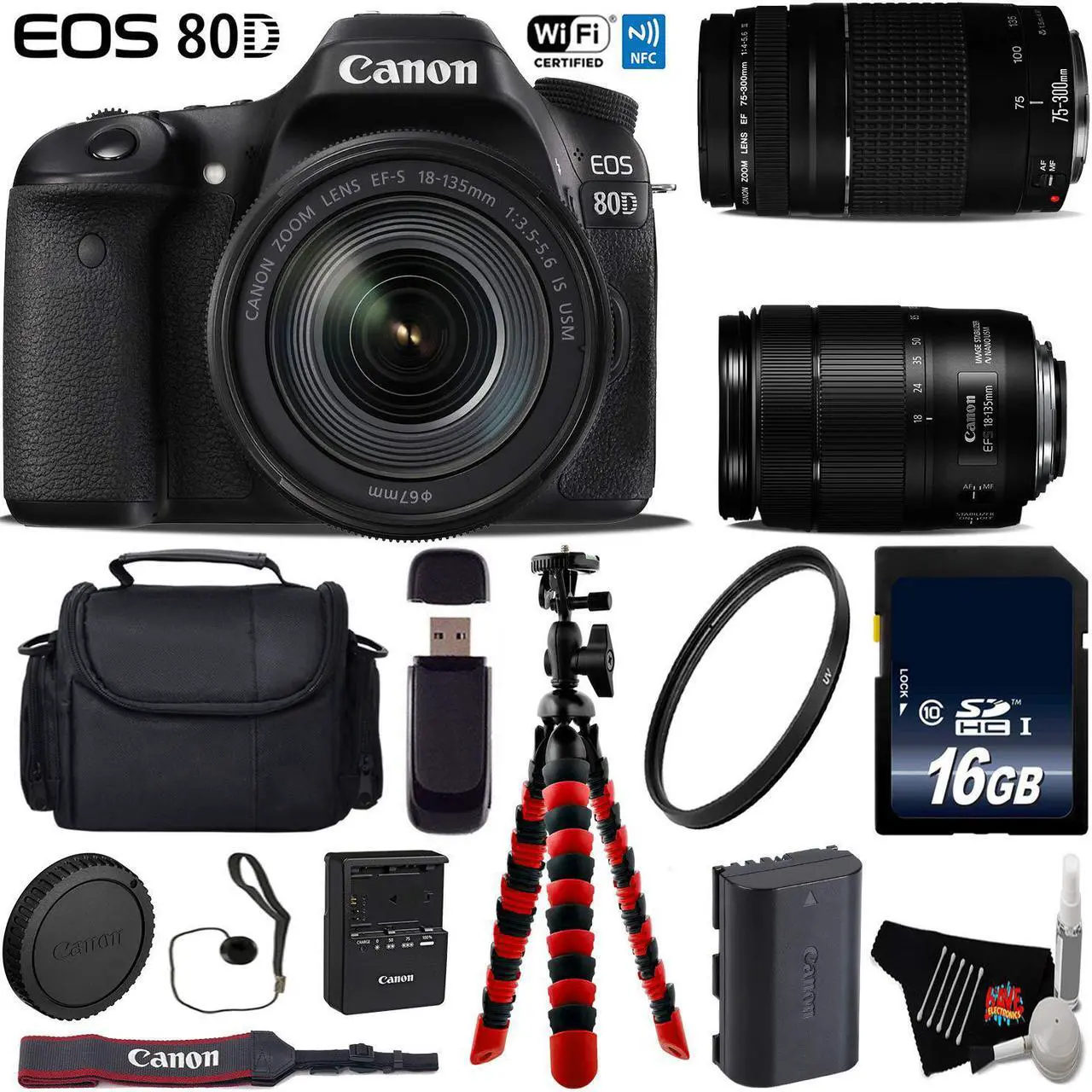 Main image of Canon EOS 80D DSLR Camera with 18-135mm is STM Lens & 75-300mm III Lens + Flexible Tripod + UV Protection Filter + Professional Case + Card Reader - Intl Model