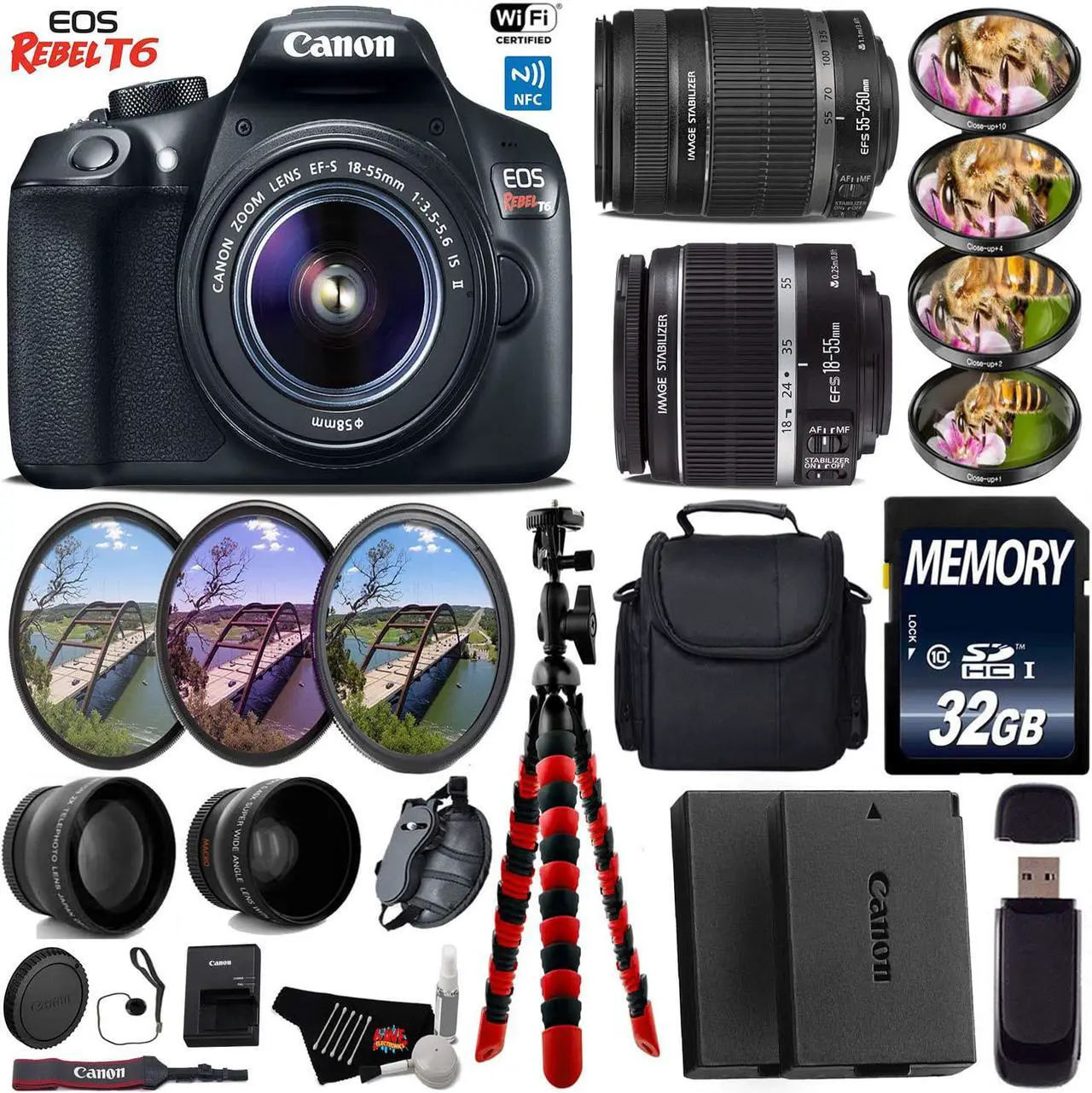Main image of Canon EOS Rebel T6 DSLR Camera + 18-55mm IS Lens & 55-250mm IS II Lens + Wide Angle & Telephoto Lens + UV FLD CPL Filter Kit + 4 PC Macro Kit + Case + Tripod + Card Reader + Bundle (Intl Model)
