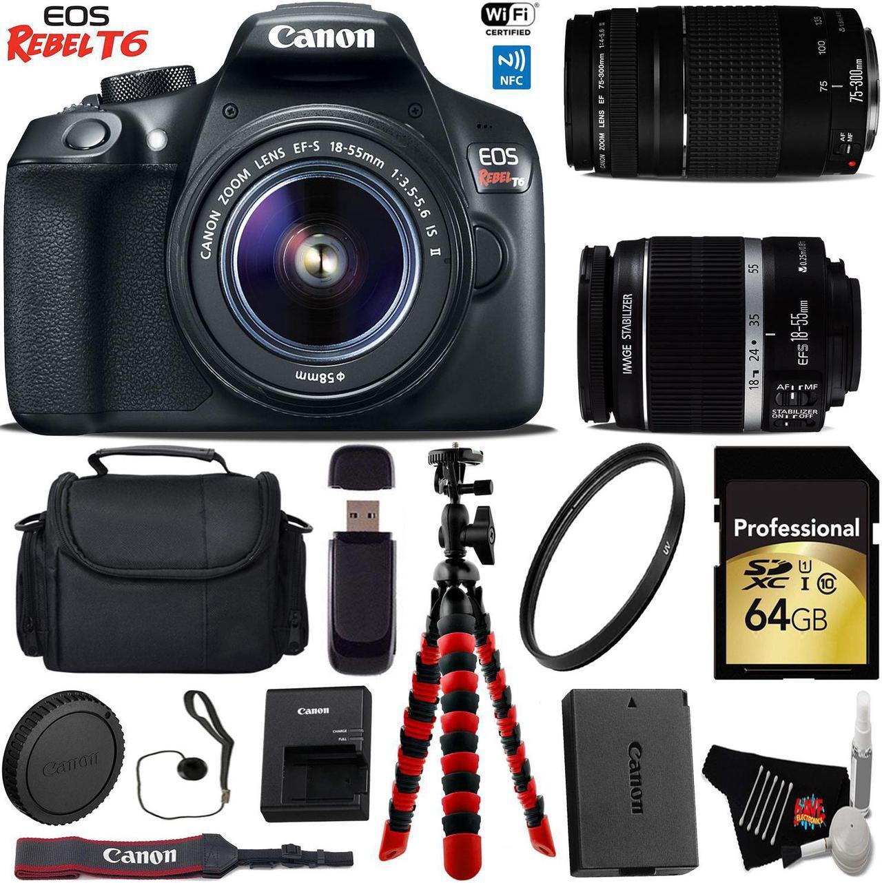 Main image of Canon EOS Rebel T6 DSLR Camera with 18-55mm IS II Lens & 75-300mm III Lens + Flexible Tripod + Professional Case + UV Protection Filter + Card Reader + Bundle (Intl Model)