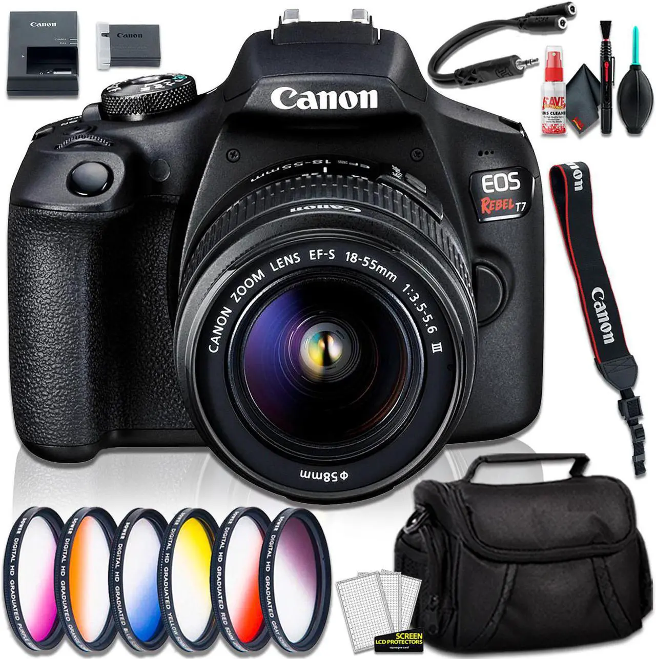 Main image of EOS Rebel T7 with EF-S 18-55mm Lens + Bag Bundle + Vivitar 58mm Graduated Color Filter Kit + Hosa Y Cable + Cleaning Kit