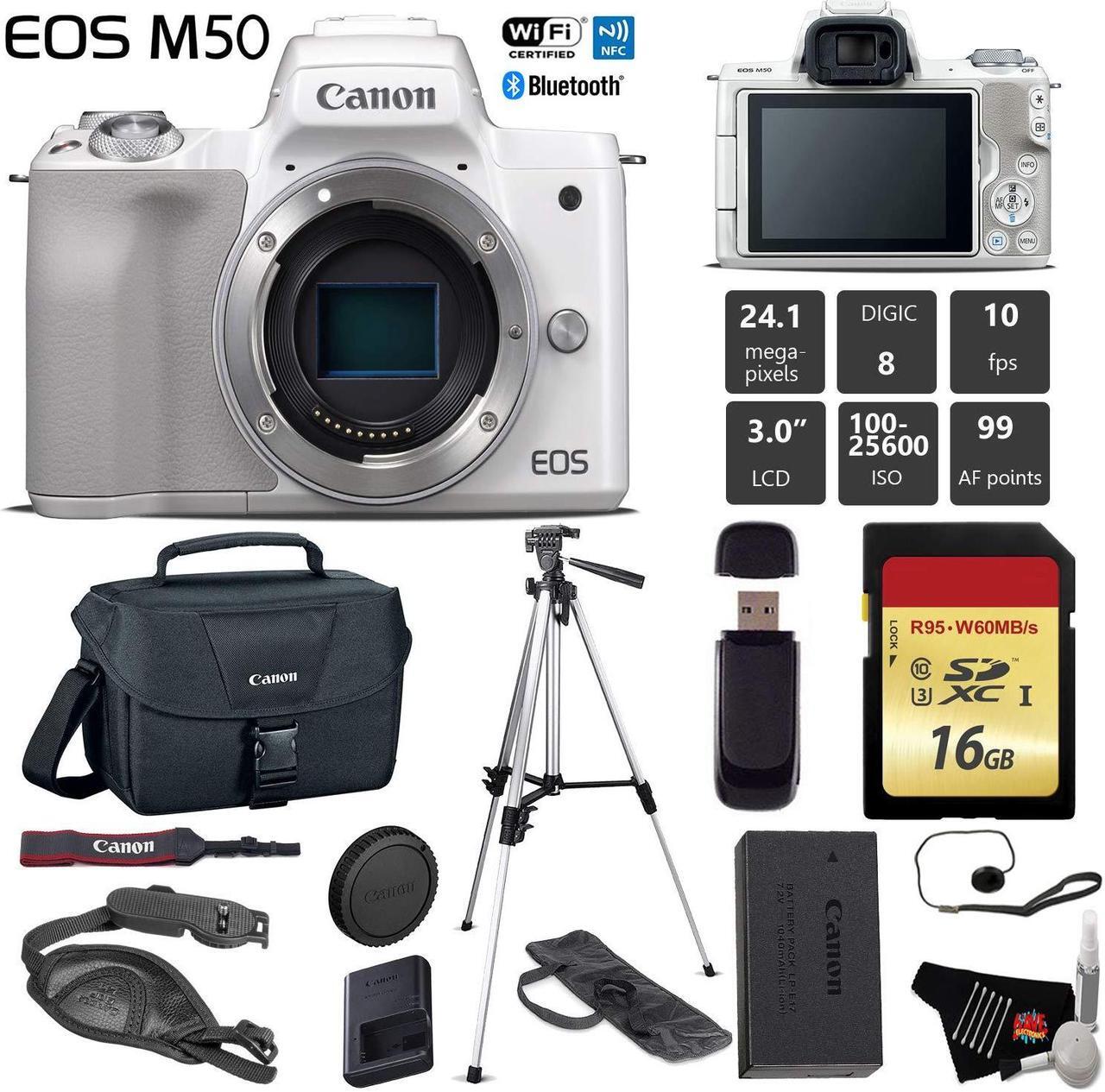 Main image of Canon EOS M50 Mirrorless Digital Camera (White, Body Only) + 16GB Class 10 Memory Card + Canon Camera Case + Full Size Tripod + Wrist Strap +  Cap Keeper + Card Reader - International Version
