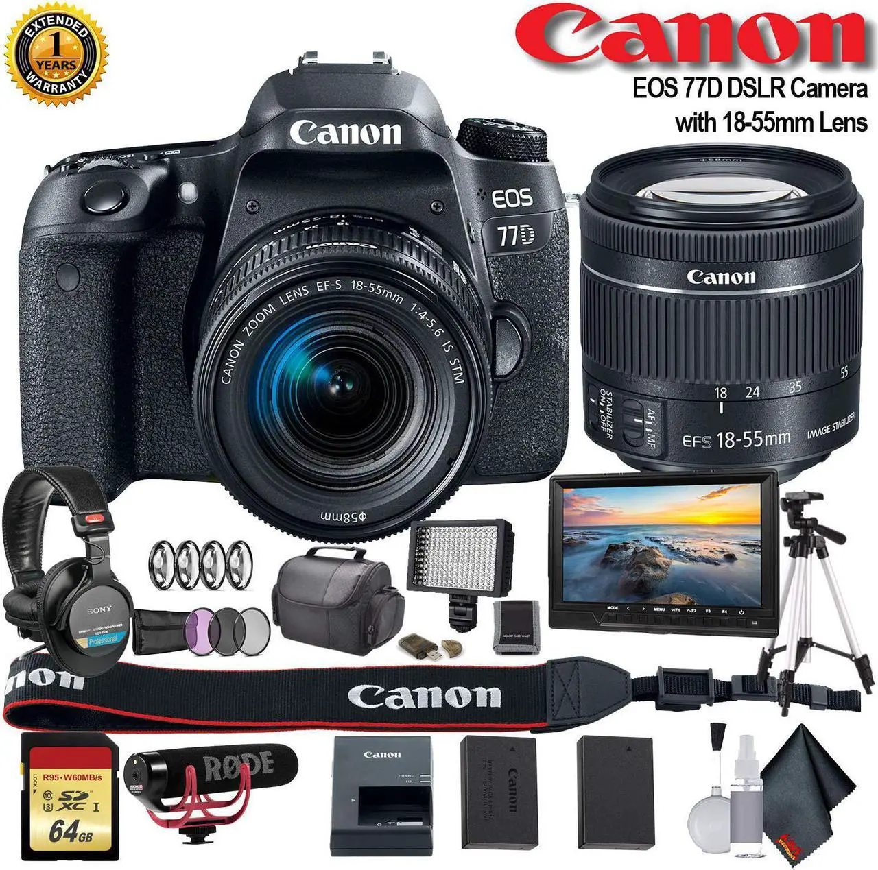 Main image of Canon EOS 77D DSLR Camera with 18-55mm Lens (Intl Model) (1892C016) W/ Bag, Extra Battery, LED Light, Mic, Filters, Tripod, Monitor and More - Professional Bundle