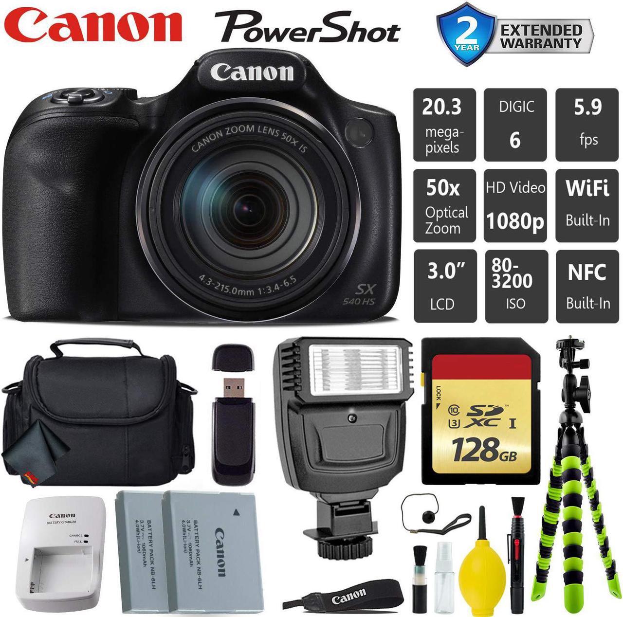 Main image of Canon PowerShot SX540 HS Digital Point and Shoot Camera + Extra Battery + Digital Flash + Camera Case + 128GB Class 10 M