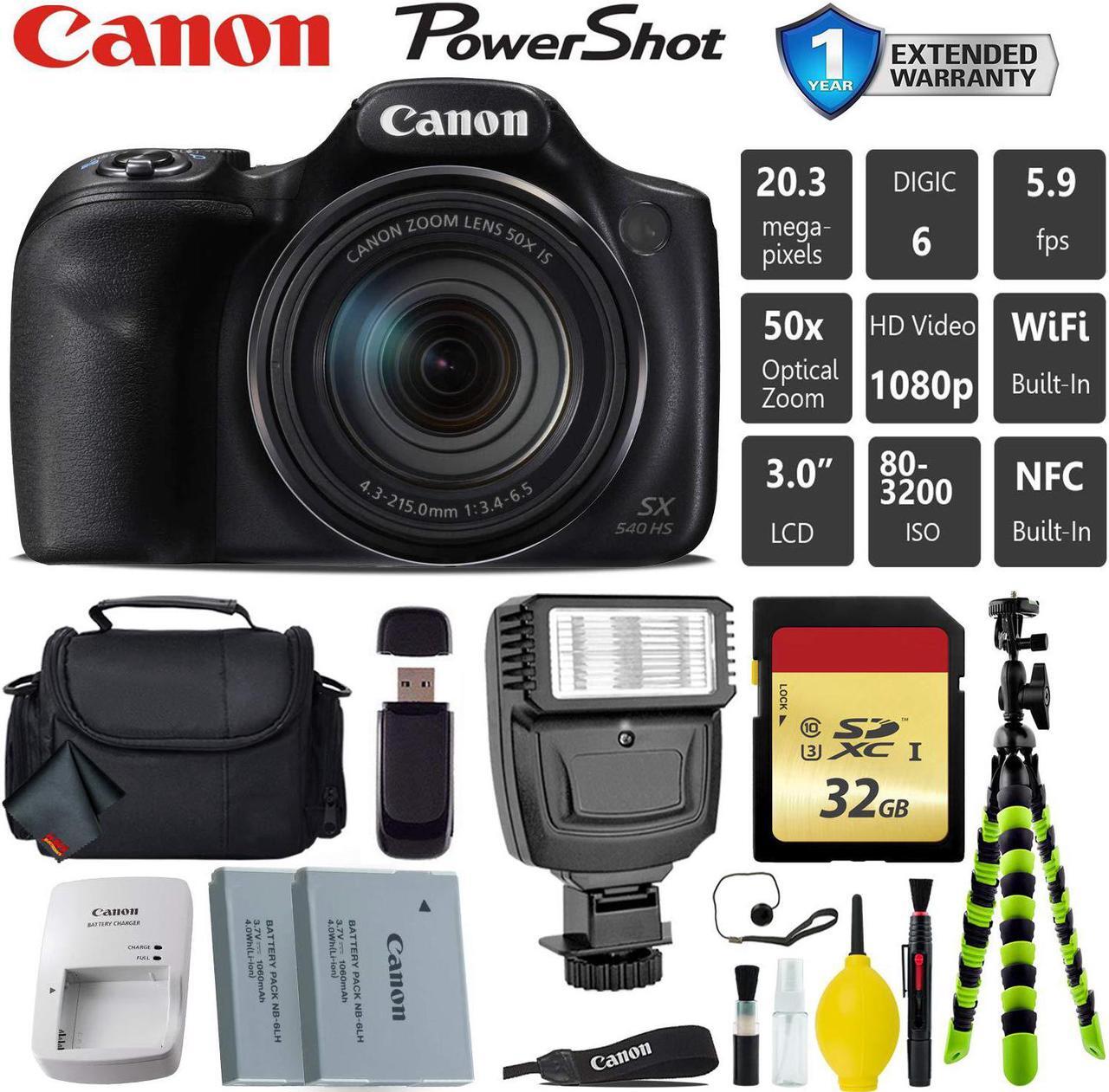Main image of Canon PowerShot SX540 HS Digital Point and Shoot Camera + Extra Battery + Digital Flash + Camera Case + 32GB Class 10 Me