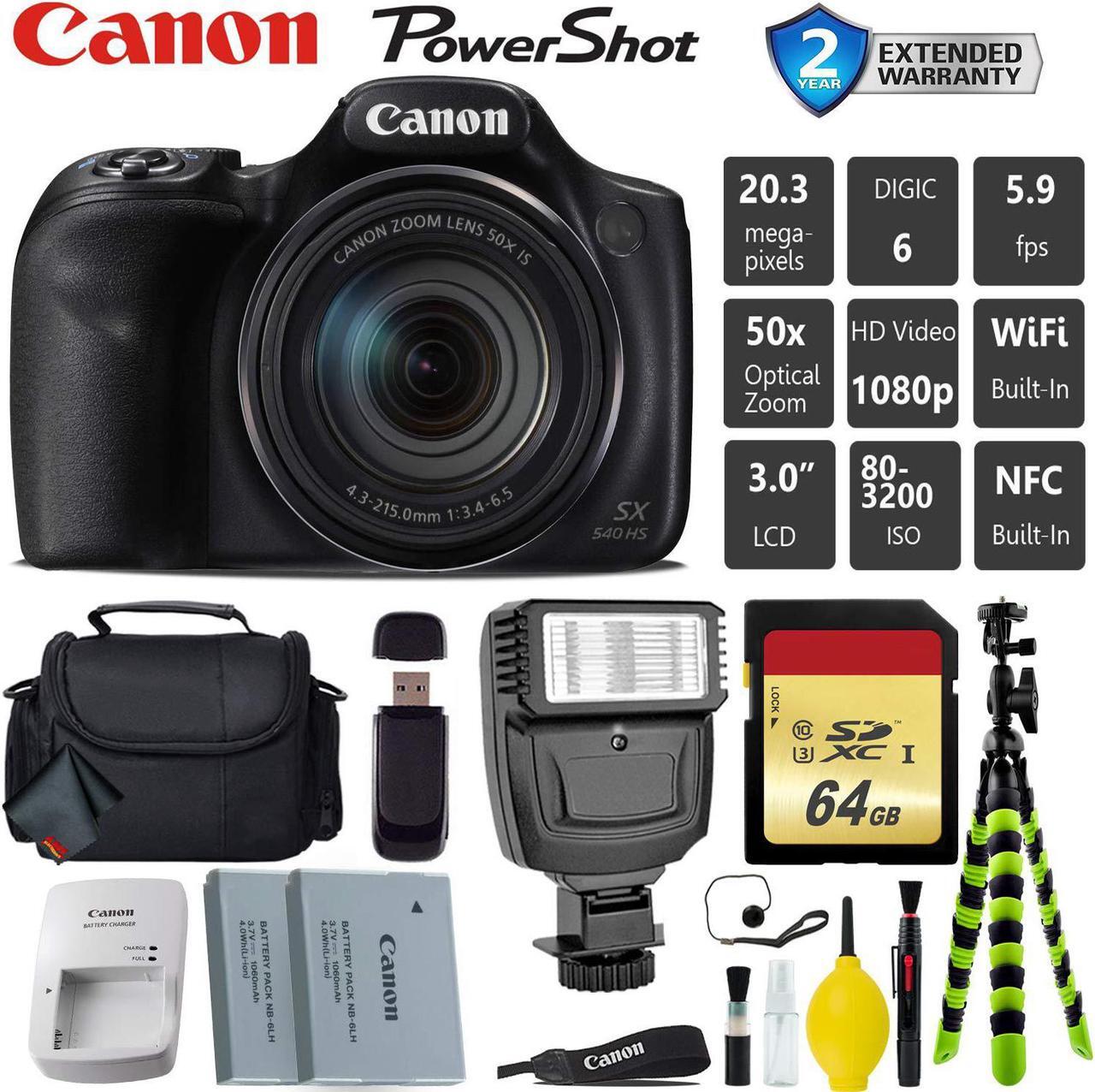 Main image of Canon PowerShot SX540 HS Digital Point and Shoot Camera + Extra Battery + Digital Flash + Camera Case + 64GB Class 10 Me