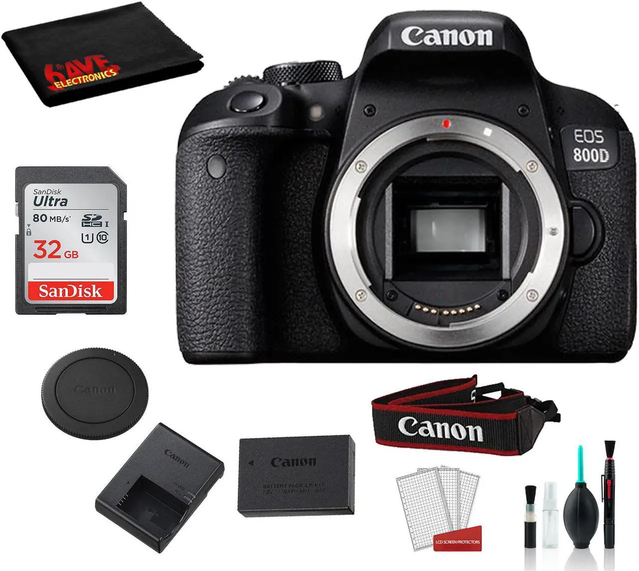 Main image of Canon EOS 800D (Rebel T7i) Body Only Kit Bundle  SanDisk 32gb SD Card + Deluxe DSLR Cleaning Kit + MORE - International