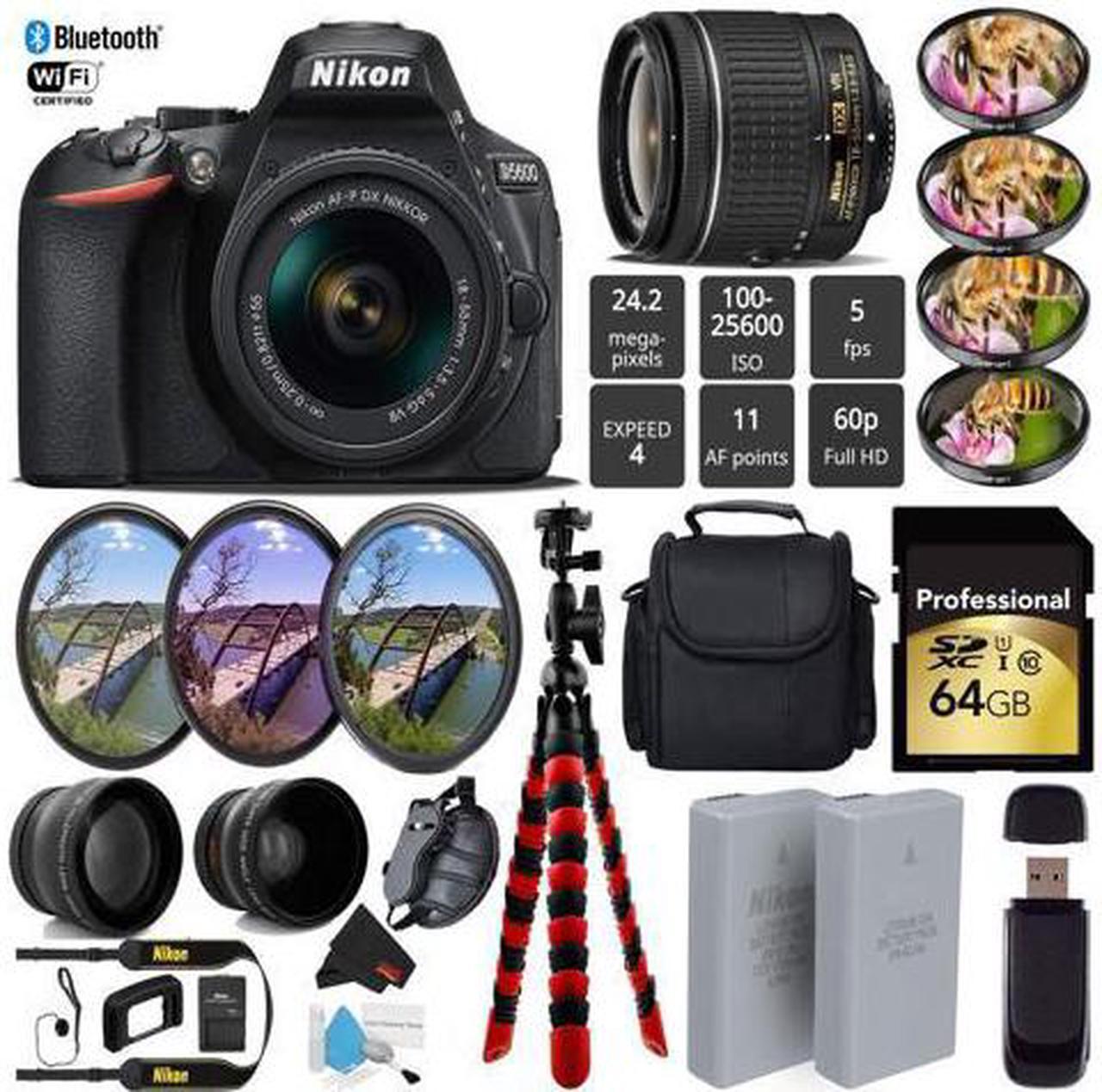 Main image of Nikon D5600 DSLR Wi-FI NFC 24.2MP DX CMOS Camera AF-P 18-55mm VR Lens + LED Light kit + Wide Angle & Telephoto Lens - (Intl Model)