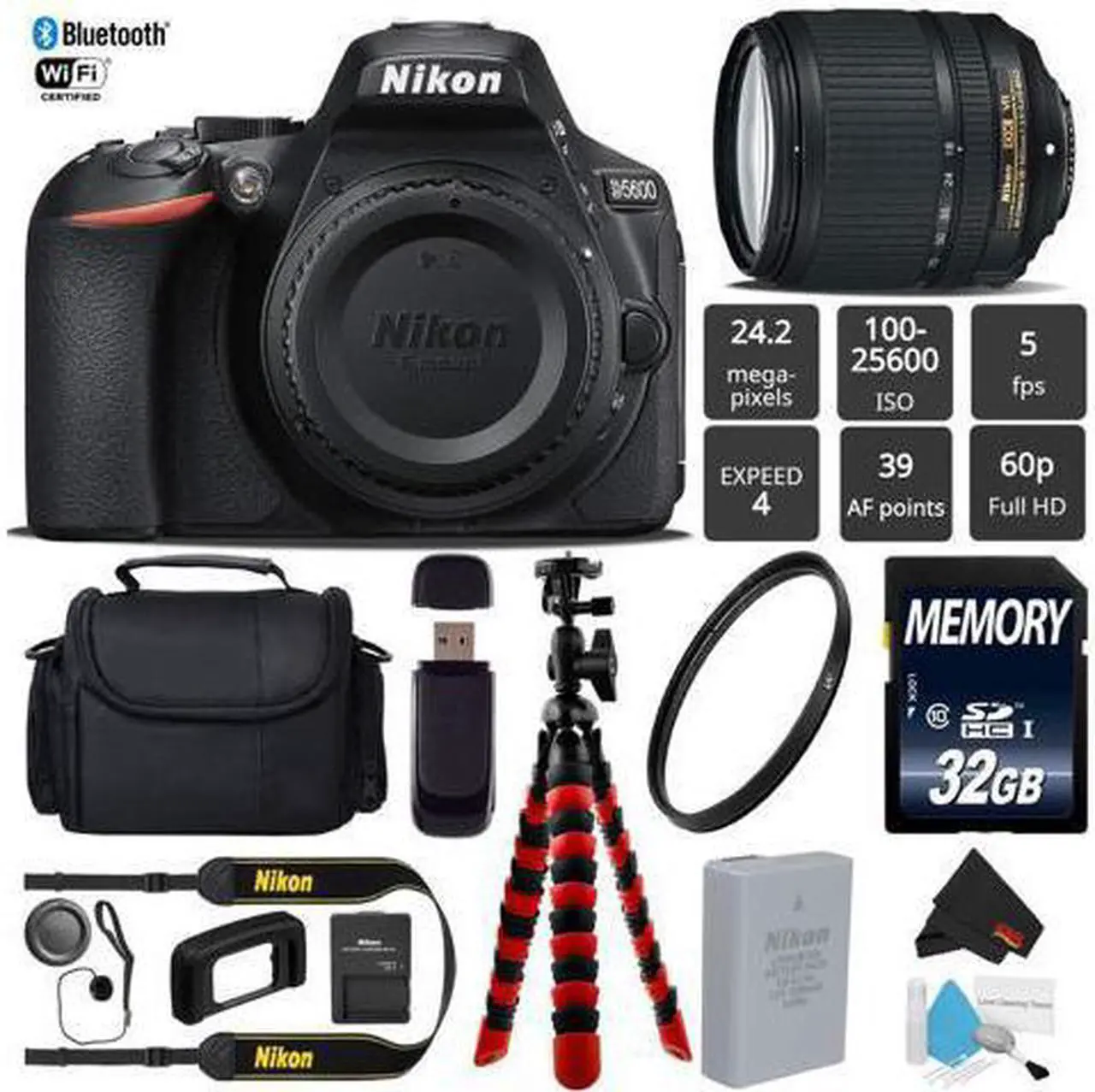Main image of Nikon D5600 DSLR Wi-FI NFC 24.2MP DX CMOS Camera AF-S 18-140mm VR Lens + UV Protection Lens Filter + Camera Case - (Intl Model)