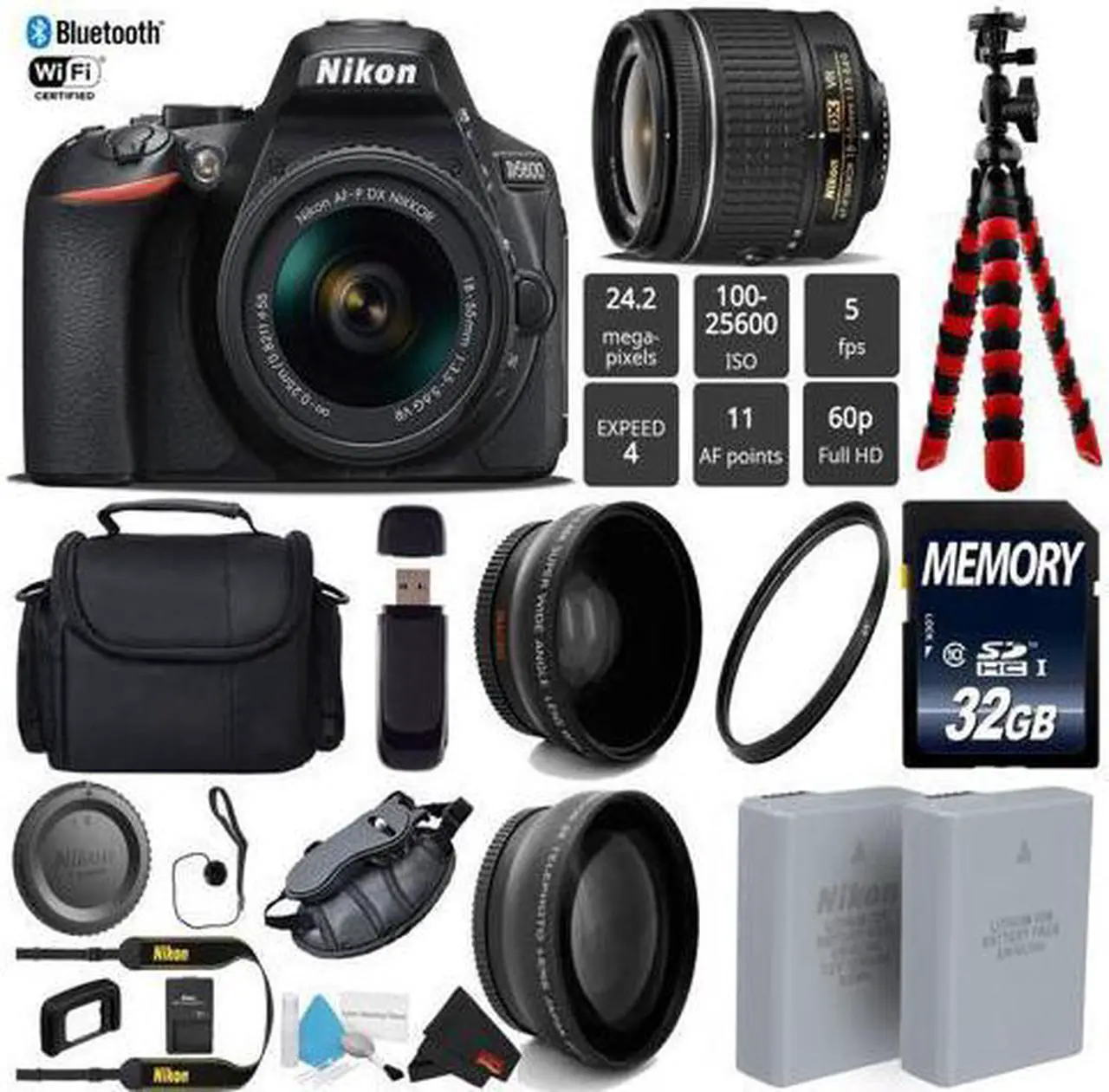 Main image of Nikon D5600 DSLR Wi-FI NFC 24.2MP DX CMOS Camera AF-P 18-55mm VR Lens + LED Light kit + Wide Angle & Telephoto Lens + Camera Case - (Intl Model)