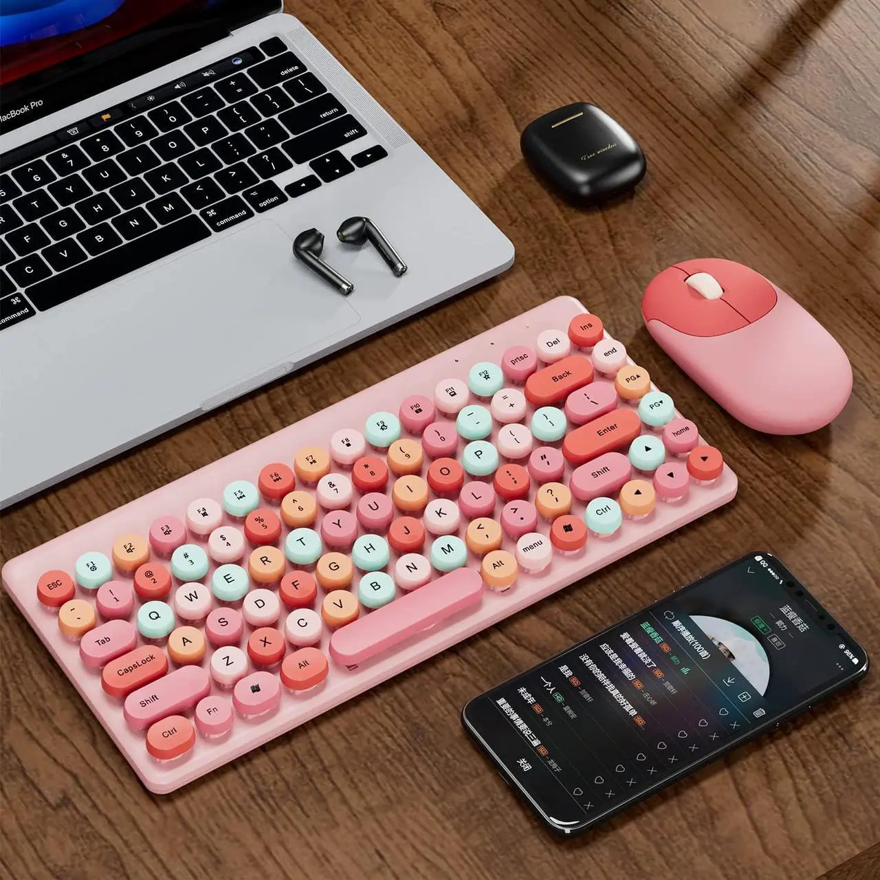 Alt view image 4 of 4 - Wireless Mini Keyboard and Mouse Combo Colorful Retro Round Key Caps 2.4GHz Computer Keyboards 86 Keys with Mouse for PC/Computer/Laptop/Desktop/Note/Mac(Pink-Colorful)
