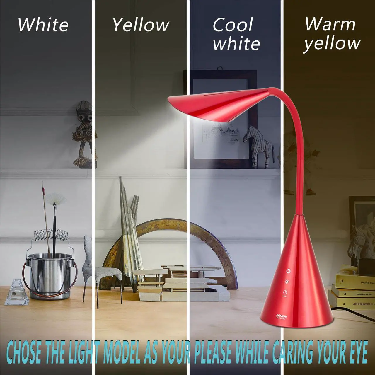 Alt view image 2 of 7 - LED Desk Lamp, Eye-caring Table Light with Touch Control, 8W Reading Lamp with Natural Light- Red