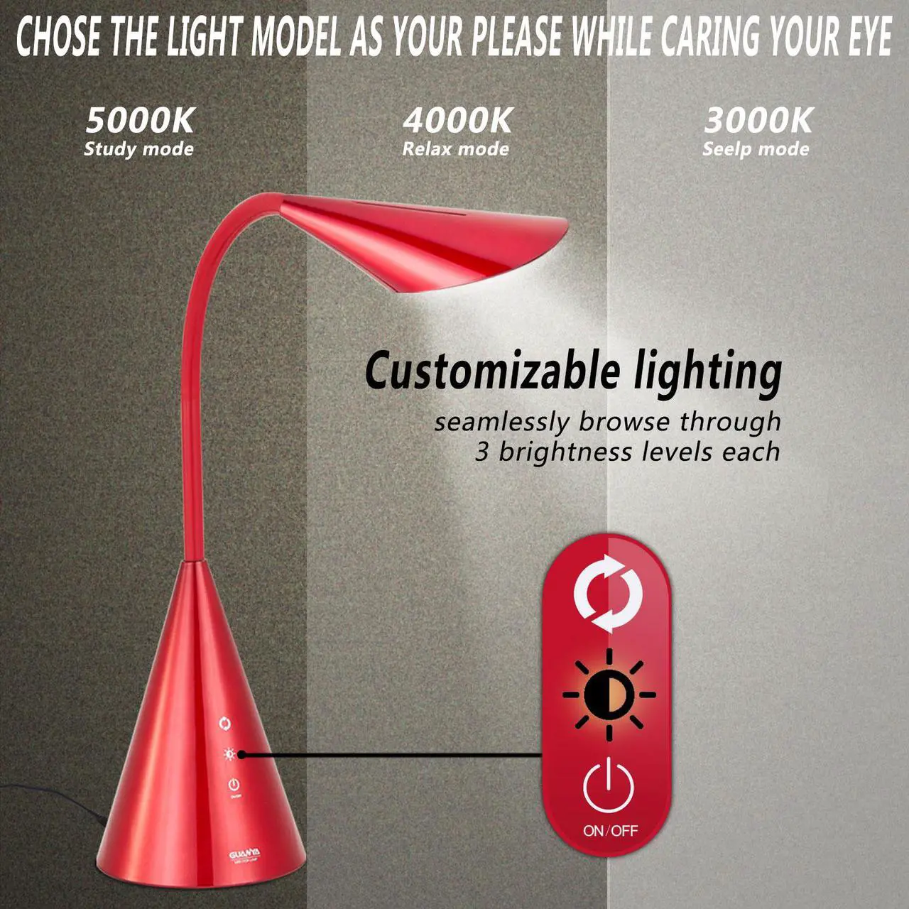 Alt view image 3 of 7 - LED Desk Lamp, Eye-caring Table Light with Touch Control, 8W Reading Lamp with Natural Light- Red