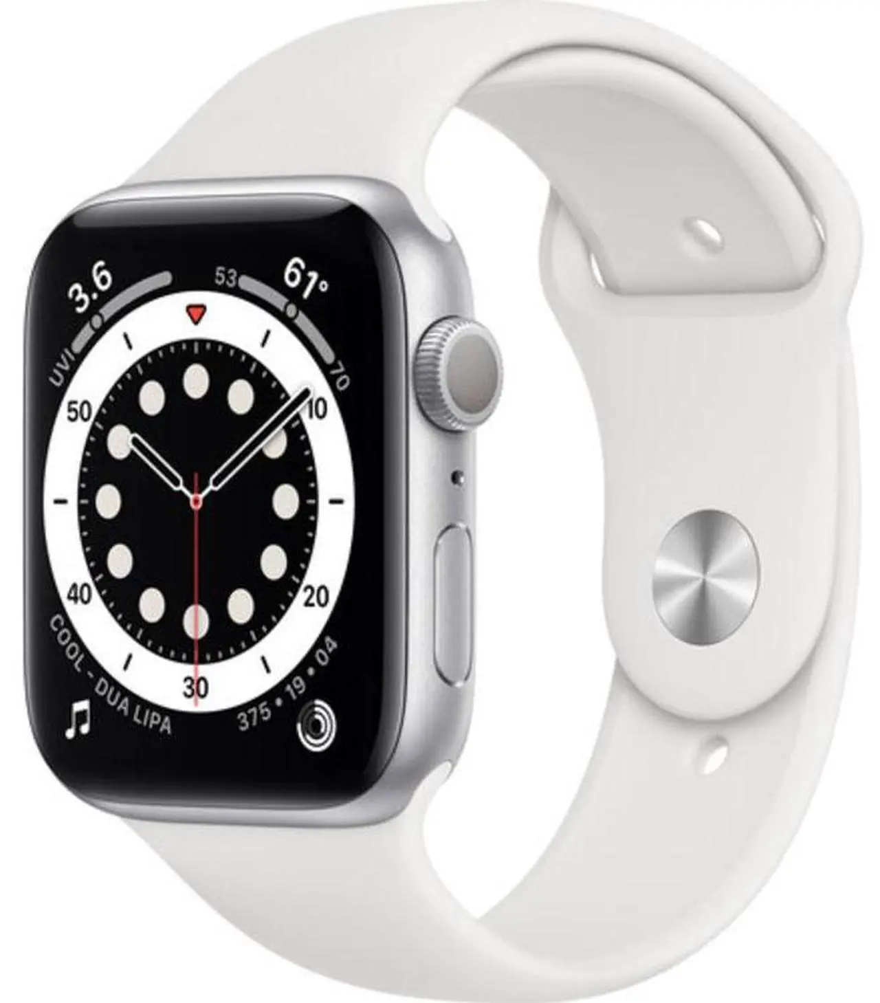Alt view image 2 of 14 - Apple Watch Series 6 44mm Silver Aluminum Case with White Sport Band GPS M00D3LL/A A2292