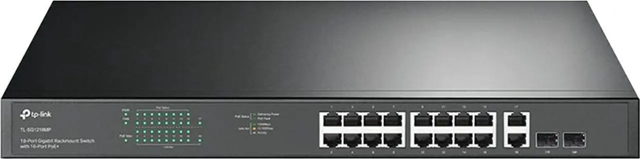 Alt view image 7 of 20 - TP-Link TL-SG1218MP | 16 Port Gigabit PoE Switch | 16 PoE+ Ports @250W, w/ 2 Uplink Gigabit Ports + 2 Combo SFP Slots | Plug & Play | Sturdy Metal | Rack-mountable