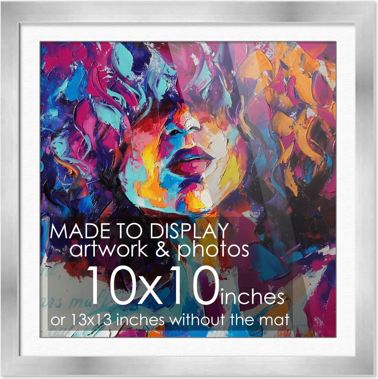 Main image of 10x10 Silver Frame Matted for 10x10 Picture or 13x13 Art Poster Without Photo Mat - Display Your 10 x 10 Decor Prints Under UV Acrylic Shatter Guard - Wood Wall Square Poster Frame for Family Gallery