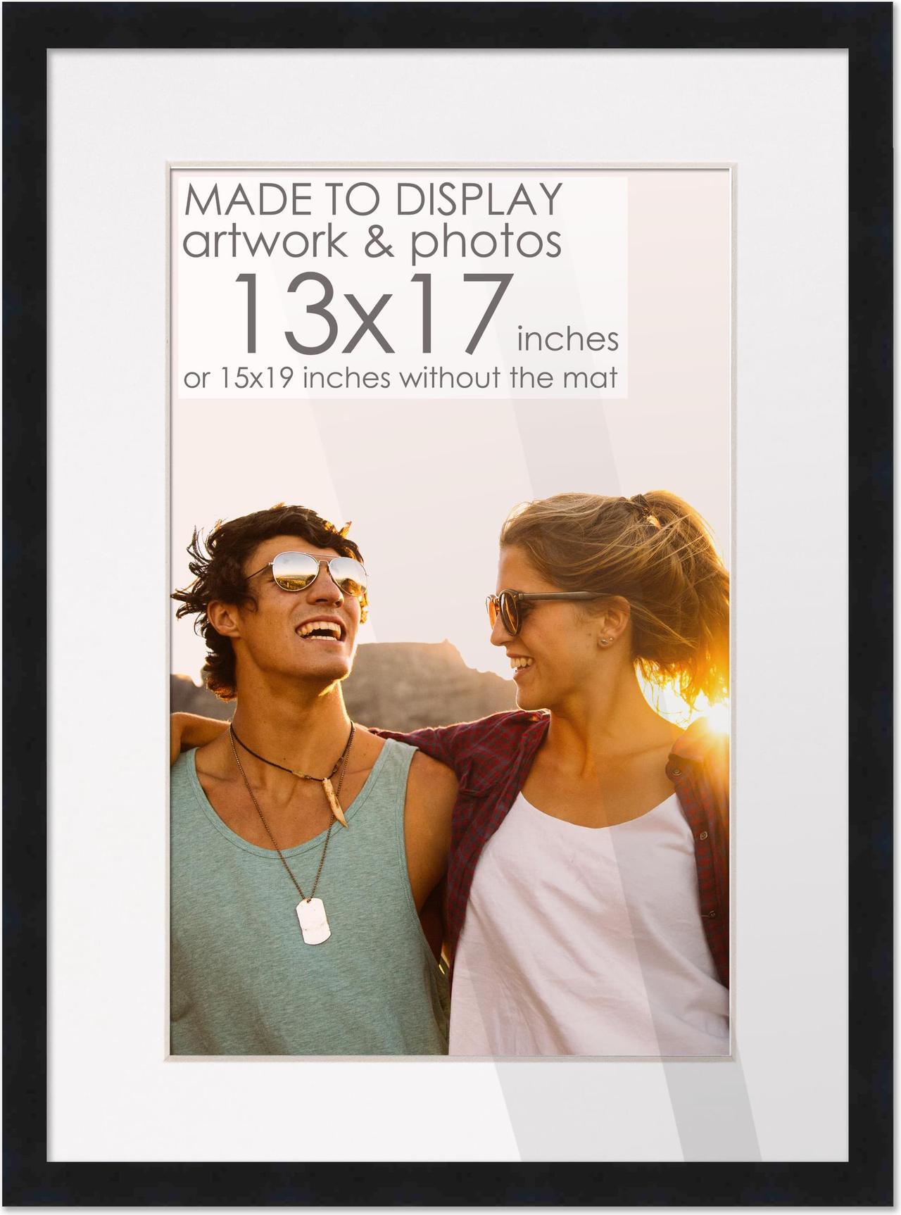 Main image of 15x19 Black Picture Frame with 12.5x16.5 White Mat Opening for 13x17 Image, 0.75 Inch Border, UV Acrylic Face, Acid Free Foam Back