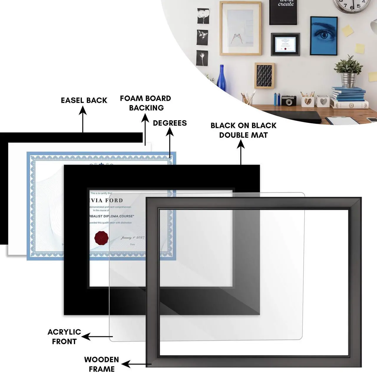 Alt view image 6 of 7 - 11.5x13.5 Black Diploma Frame - Black on Black Double Mat - Displays 7.5x9.5 Diplomas with Mat or 11.5x13.5 Inch Without Mat - With Acrylic Front and Foam Board Backing