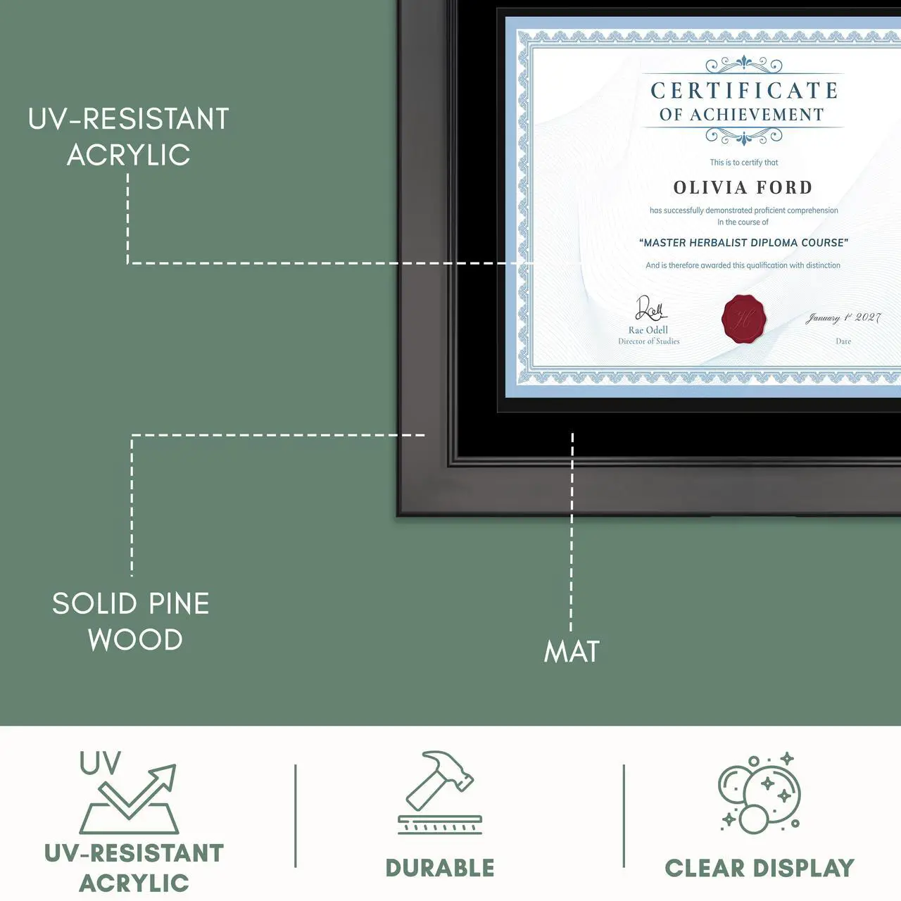 Alt view image 5 of 7 - 11.5x13.5 Black Diploma Frame - Black on Black Double Mat - Displays 7.5x9.5 Diplomas with Mat or 11.5x13.5 Inch Without Mat - With Acrylic Front and Foam Board Backing