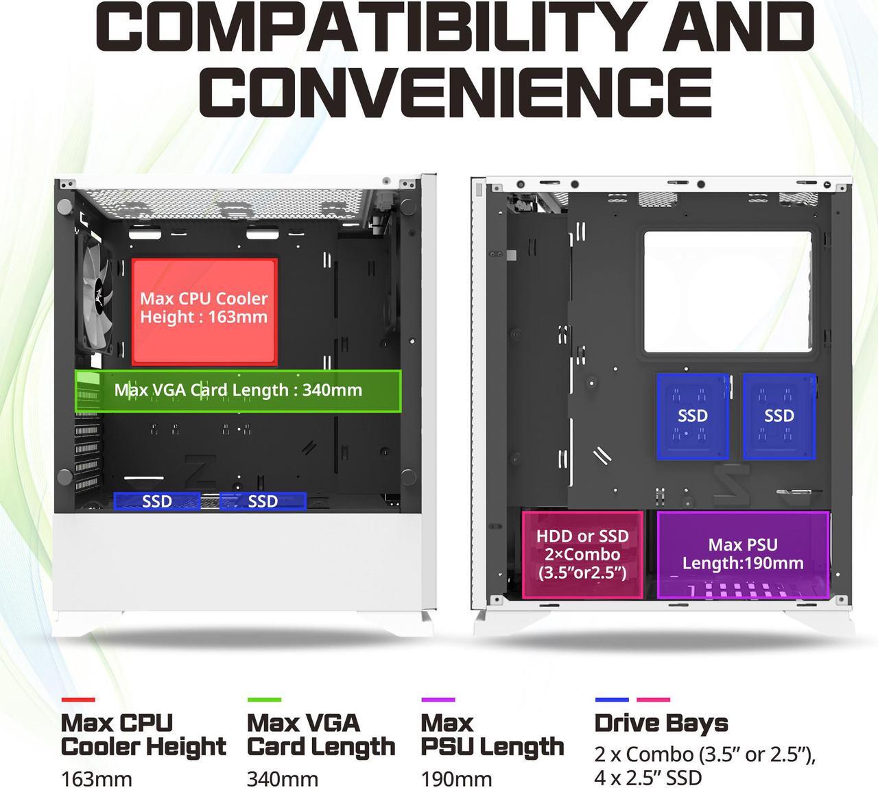 Alt view image 6 of 7 - Zalman S5 ATX Mid-Tower Gaming PC Case, 2 x 120mm Fans Included (1x RGB), Thick 4mm Tempered Glass Side Panel, AIO Water Cooler Bracket, Front Panel RGB Strip (White)