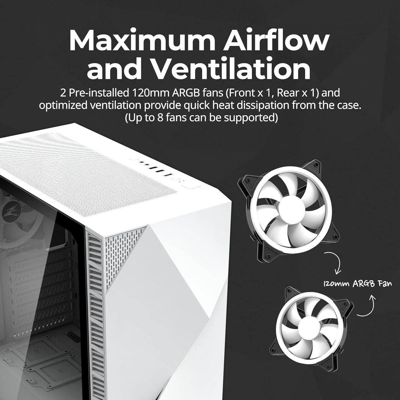 Alt view image 3 of 7 - Zalman Z3 Iceberg ATX Mid-Tower Gaming PC Case, 2 x 120mm ARGB Double Ring Fans Preinstalled w/ 4-port ARGB Controller Included, Tempered Glass Side Panel, 2 x USB 3.0, White