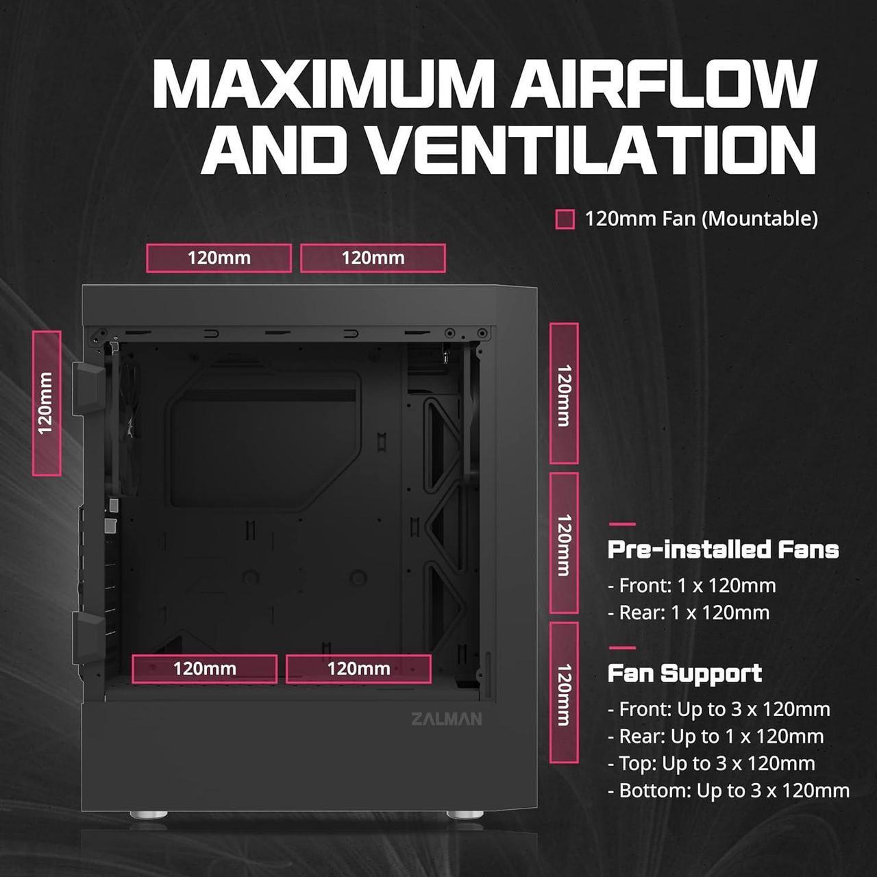 Alt view image 7 of 7 - Zalman T7 ATX Mid-Tower Compact Desktop PC Case, 2 x 120mm Fans Preinstalled, 3D Patterned Mesh Design for High Airflow, Tinted Acrylic Side Panel, USB 3.0