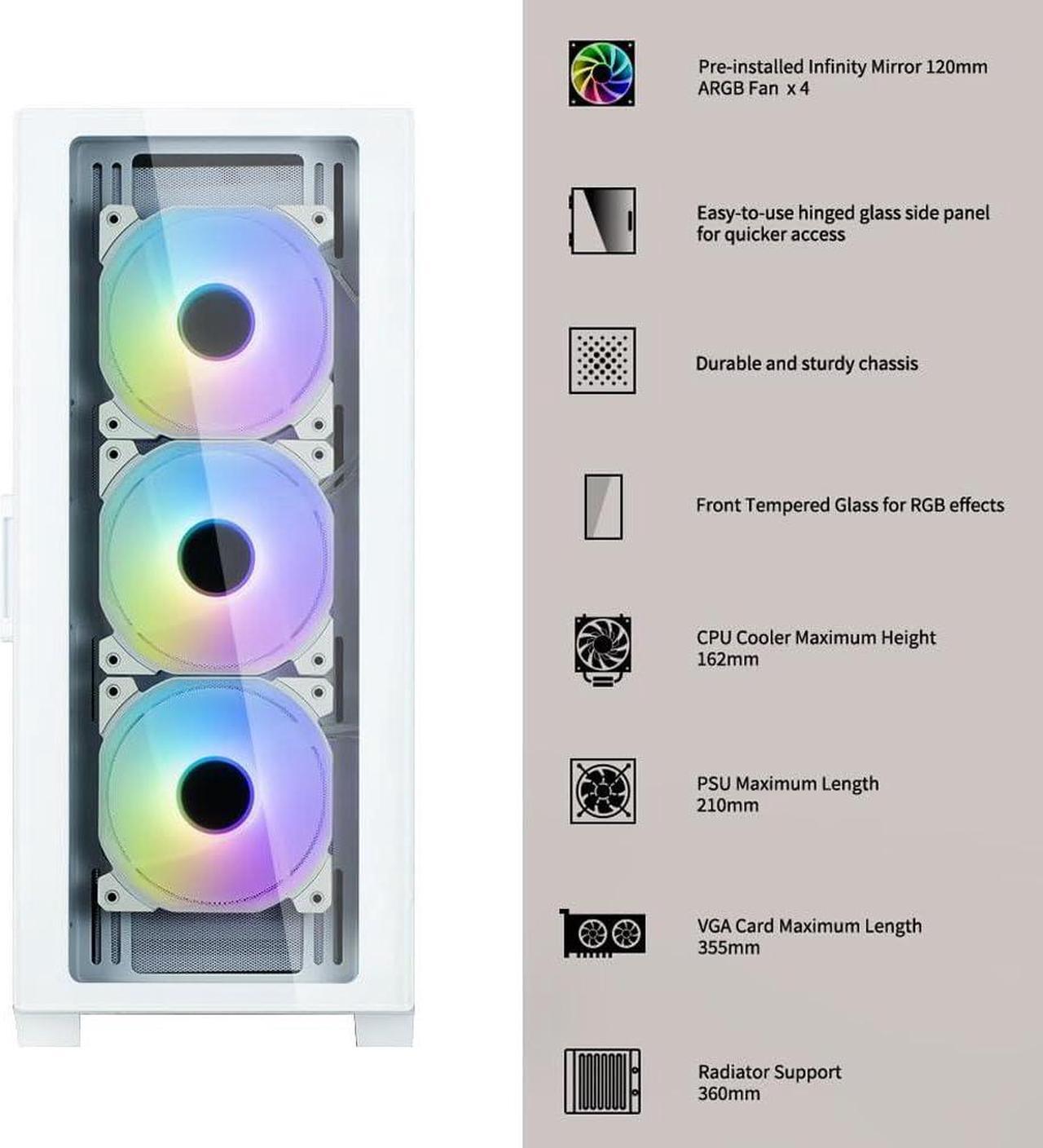 Alt view image 3 of 7 - Zalman i3 NEO TG ATX Gaming PC Case, Includes 4 x 120mm Infinity Mirror ARGB Fans, Tempered Glass Front & Side Panel, Premium Mid-Tower Chassis, White