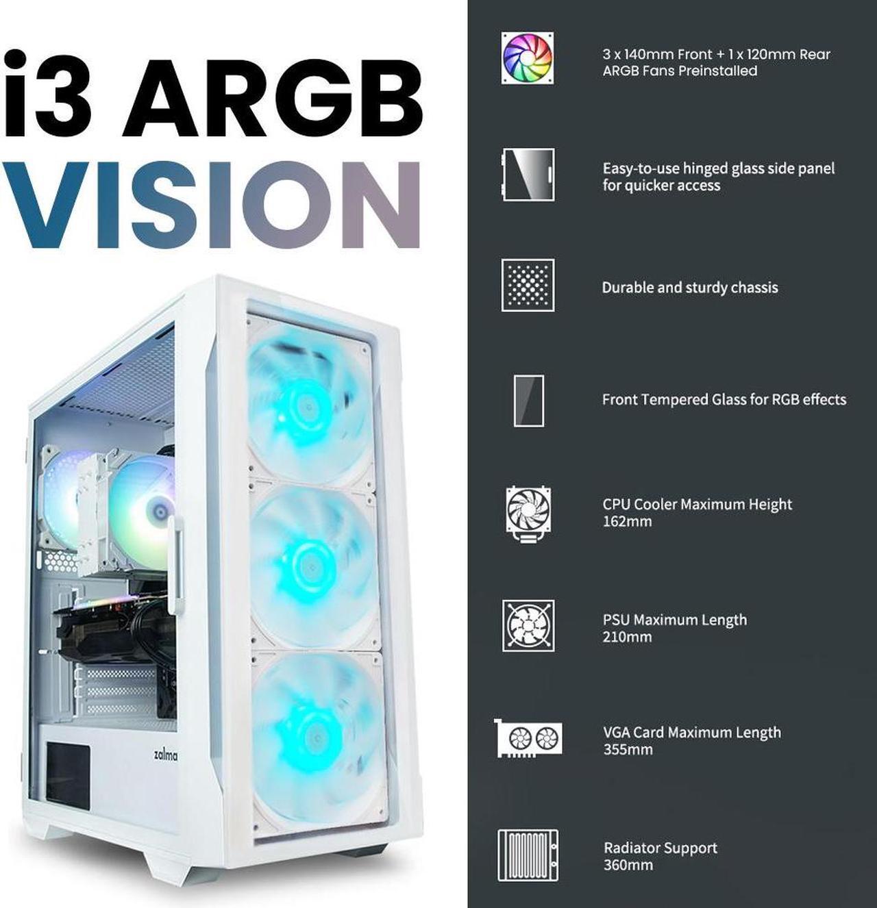 Alt view image 3 of 7 - Zalman i3 ARGB Vision TG 140 ATX Mid Tower Gaming PC Case, 3 x 140mm Front + 1 x 120mm ARGB Fans Pre-Installed, Tempered Glass Front & Side Panel, White