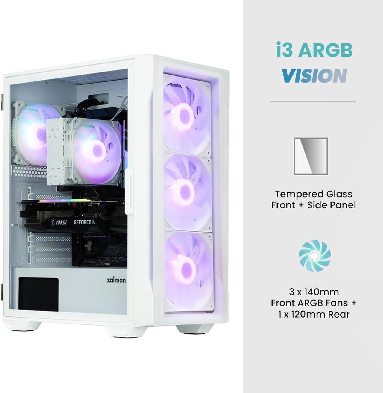 Alt view image 4 of 7 - Zalman i3 ARGB Vision TG 140 ATX Mid Tower Gaming PC Case, 3 x 140mm Front + 1 x 120mm ARGB Fans Pre-Installed, Tempered Glass Front & Side Panel, White