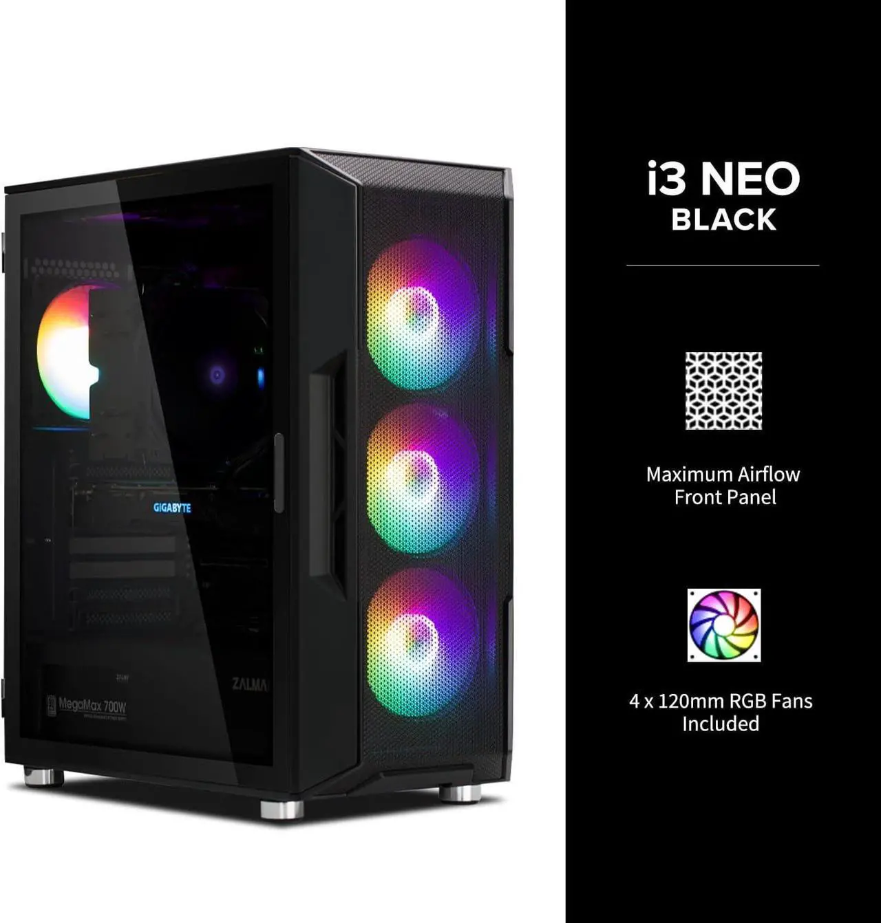Alt view image 2 of 7 - Zalman i3 NEO ATX Mid-Tower Desktop Gaming PC Case, 4 x 120mm RGB Fans Preinstalled, Mesh Front Panel for High Airflow, Tempered Glass Side Panel, Black