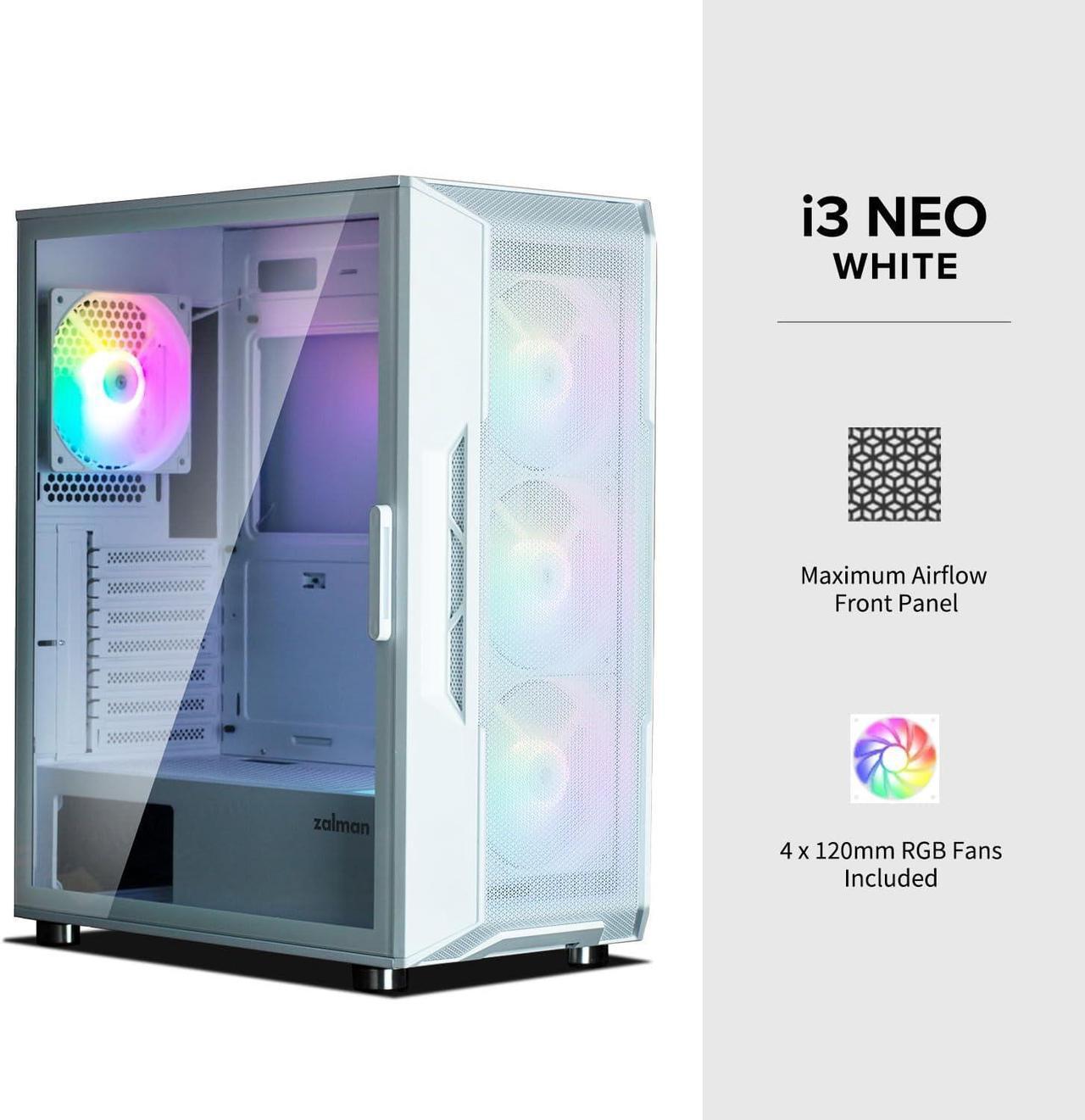 Alt view image 3 of 7 - Zalman i3 NEO ATX Mid-Tower Desktop Gaming PC Case, 4 x 120mm RGB Fans Preinstalled, Mesh Front Panel for High Airflow, Tempered Glass Side Panel, White