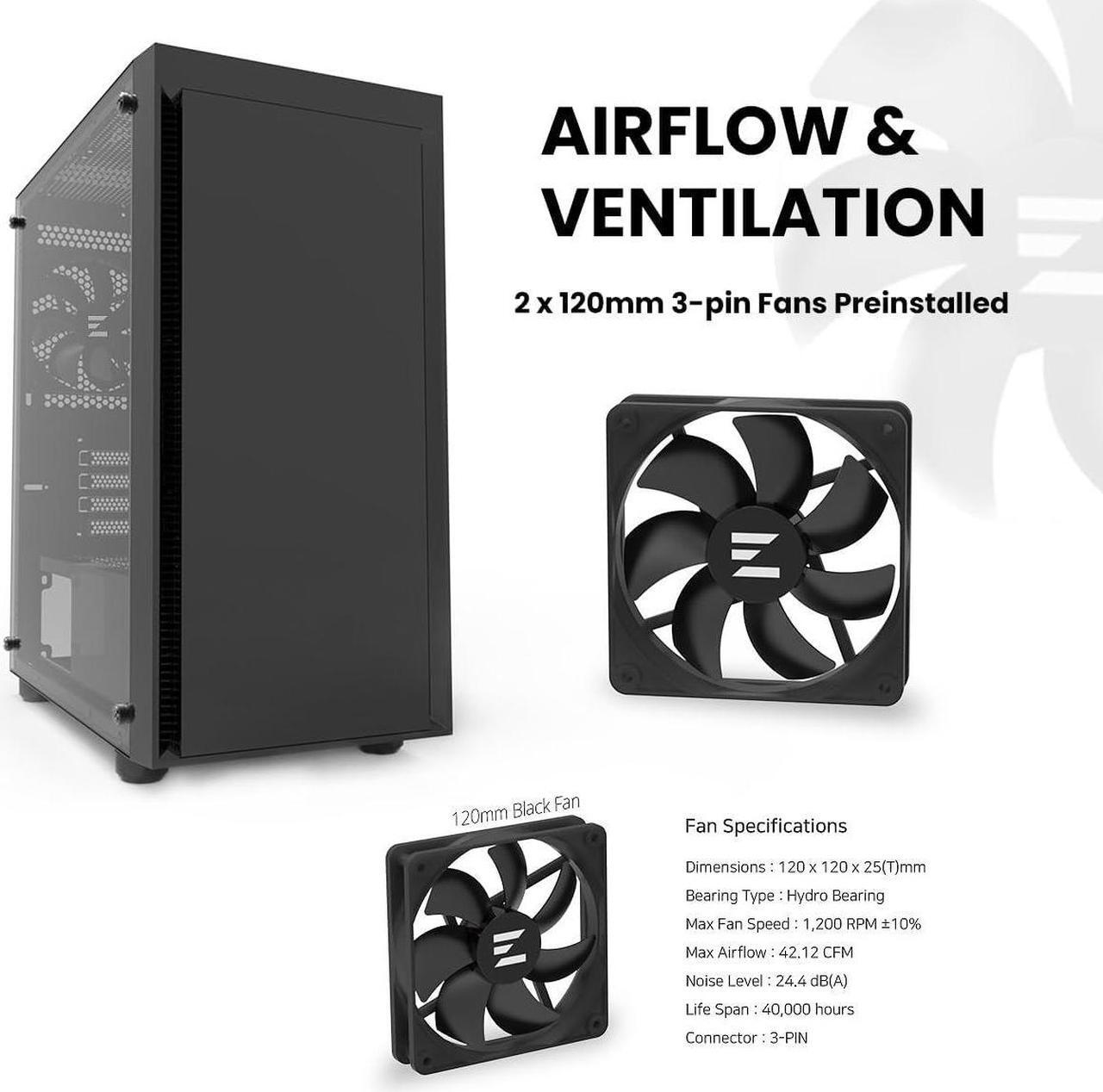 Alt view image 4 of 7 - Zalman T3 Compact Mini Tower M-ATX PC Case - 2 x 120mm Fans Pre-Installed, Tempered Glass Side Panel, Compatible with Micro-ATX & Mini-ITX, Desktop Computer Chassis