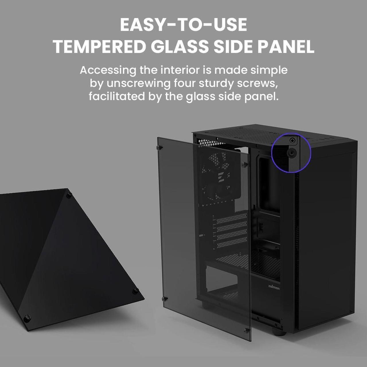 Alt view image 6 of 7 - Zalman T3 Compact Mini Tower M-ATX PC Case - 2 x 120mm Fans Pre-Installed, Tempered Glass Side Panel, Compatible with Micro-ATX & Mini-ITX, Desktop Computer Chassis