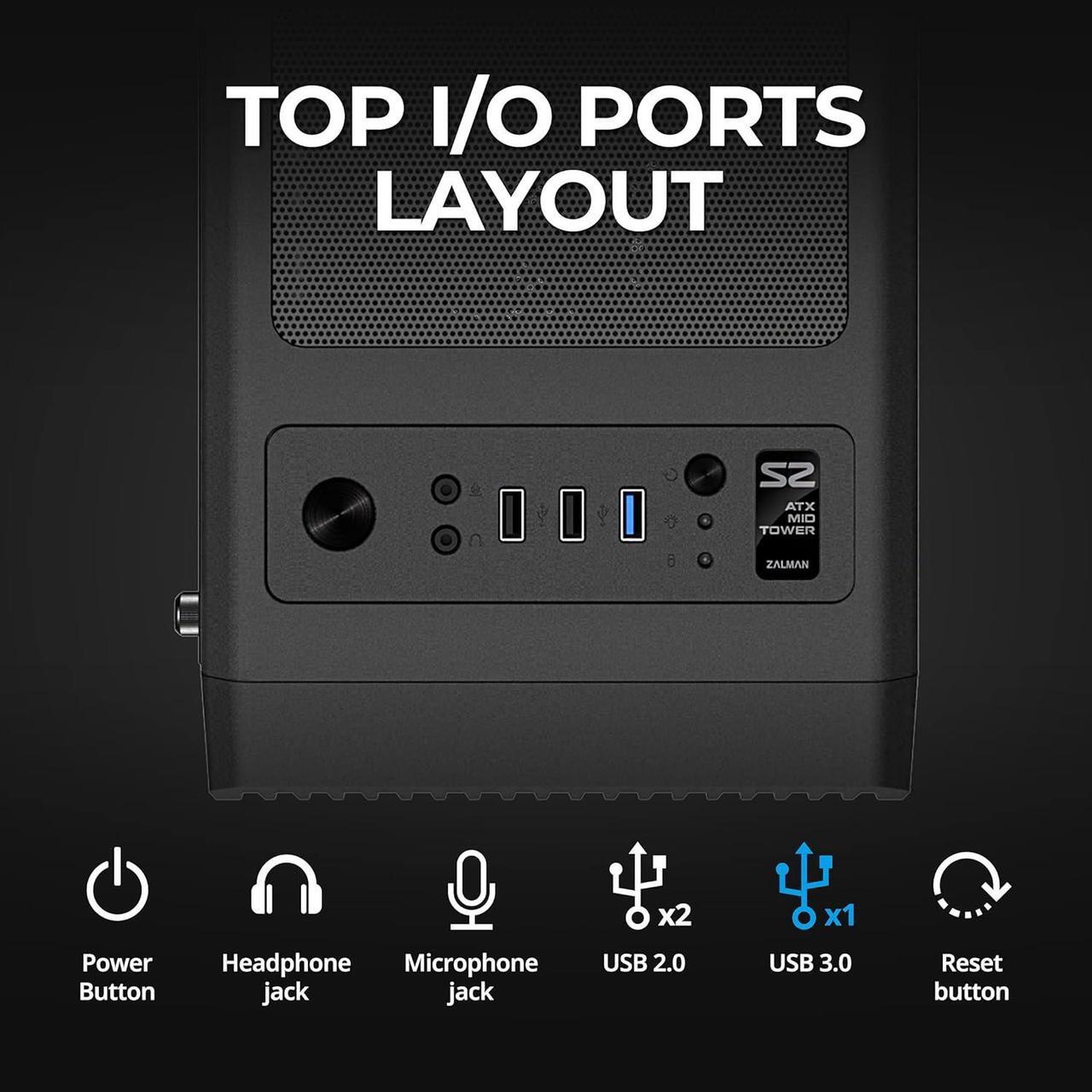 Alt view image 3 of 7 - Zalman S2 ATX Mid Tower Desktop PC Case, 3 x 120mm Fans included, Full Mesh Front Panel for Superior Airflow, Tinted Acrylic Side Panel, USB 3.0