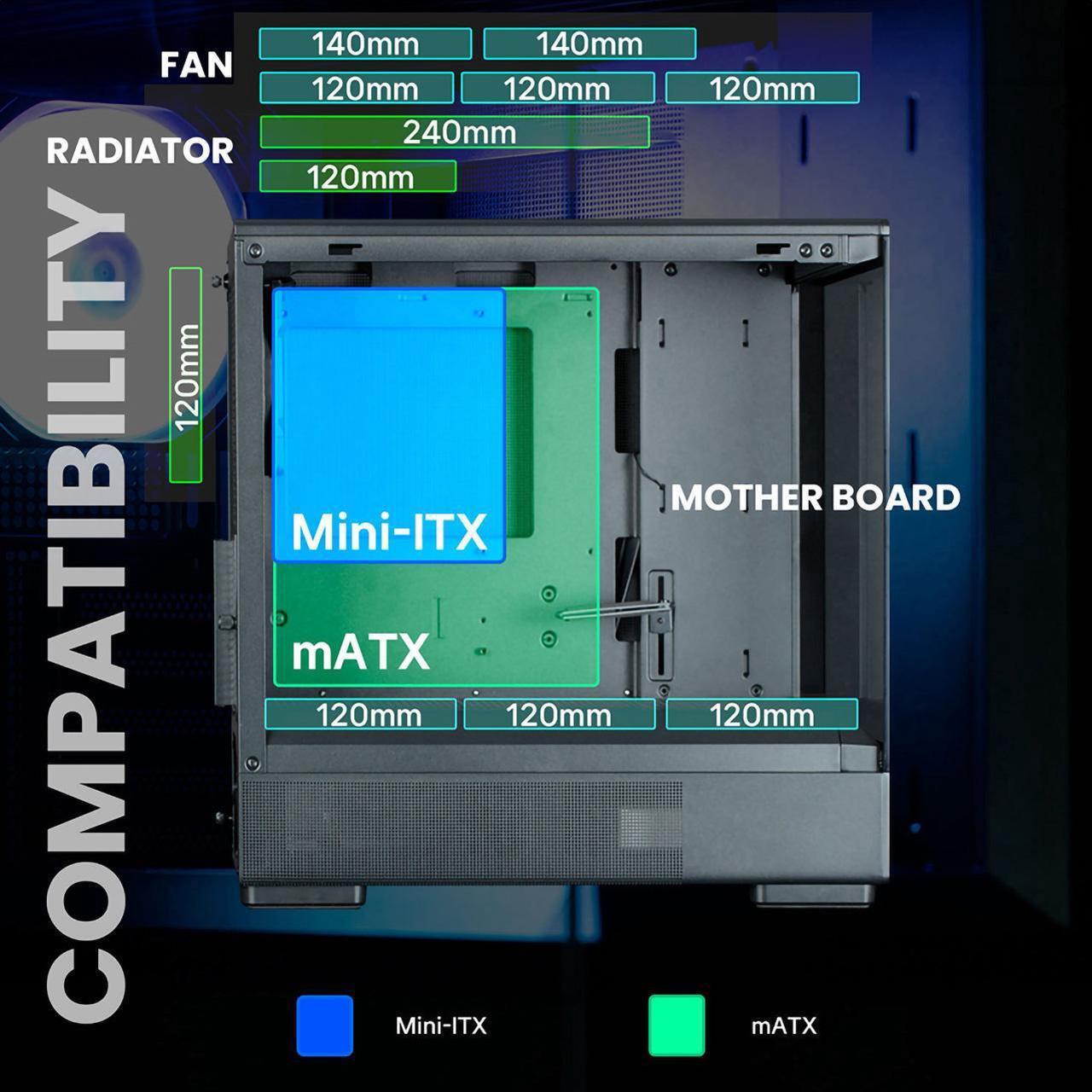 Alt view image 6 of 7 - Zalman P10 Mini Tower Micro-ATX mATX Gaming PC Case, 120mm ARGB 4-pin PWM Fan Pre-Installed, Panoramic Tempered Glass Front & Side Panel, Type-C & USB 3.0, Black
