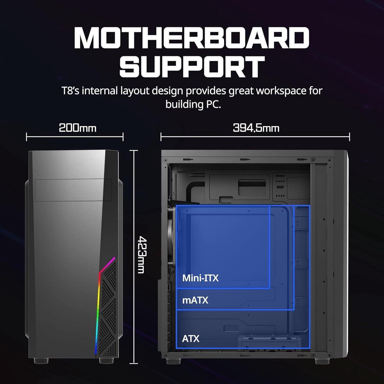 Alt view image 7 of 7 - Zalman T8 ATX Mid-Tower Gaming PC Case, Spectrum RGB Lighting Strip, Support 5.25 ODD Drive, 120mm Rear Fan Preinstalled, USB 3.0, Compact ATX / mATX Gaming Chassis, Black