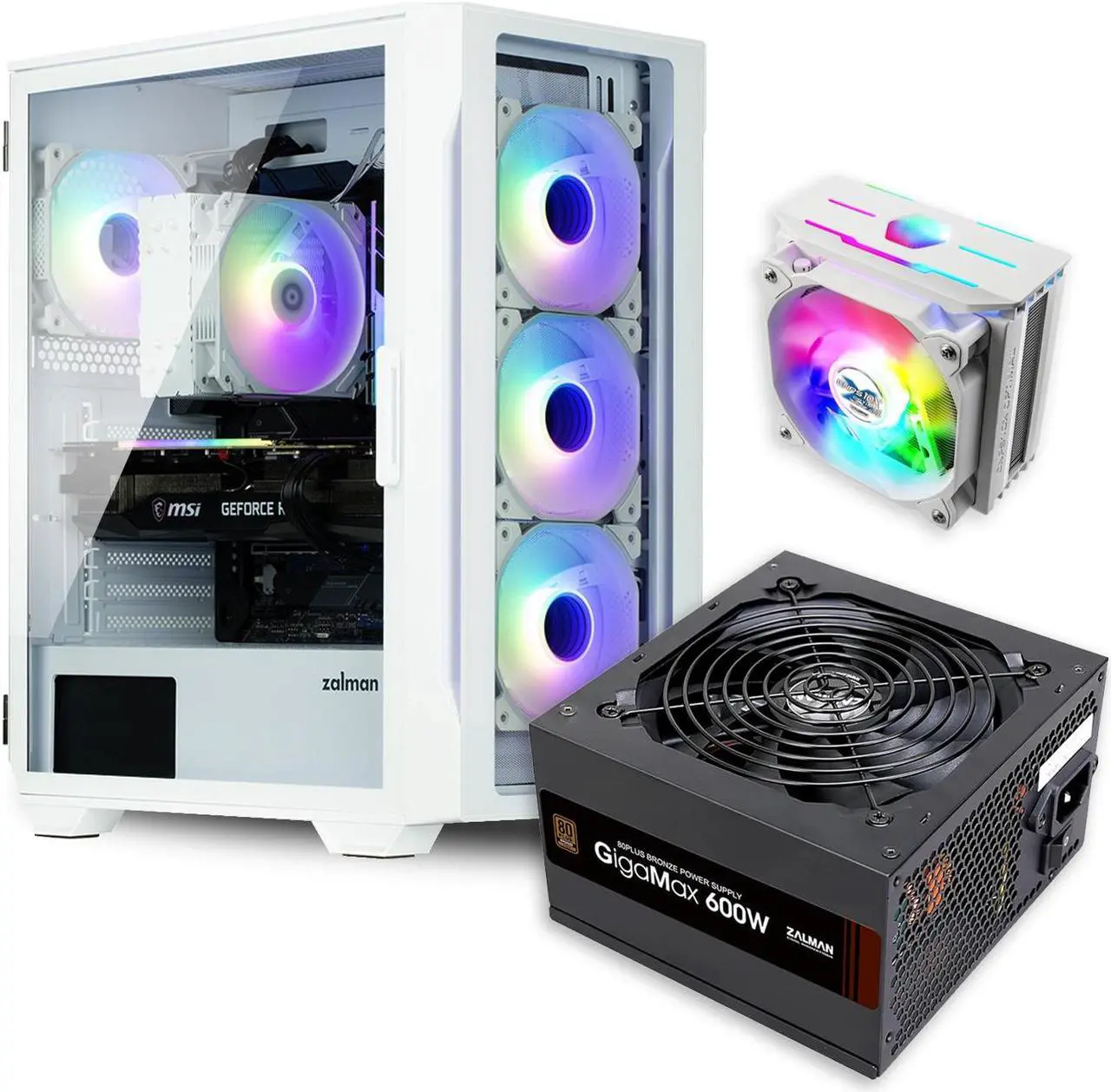 Main image of Zalman Case Cooler PSU Combo - Zalman i3 Neo TG White ATX Mid-Tower PC Case + 10X Optima II White 180W TDP CPU Cooler + Gigamax 600W 80 Plus Bronze PSU