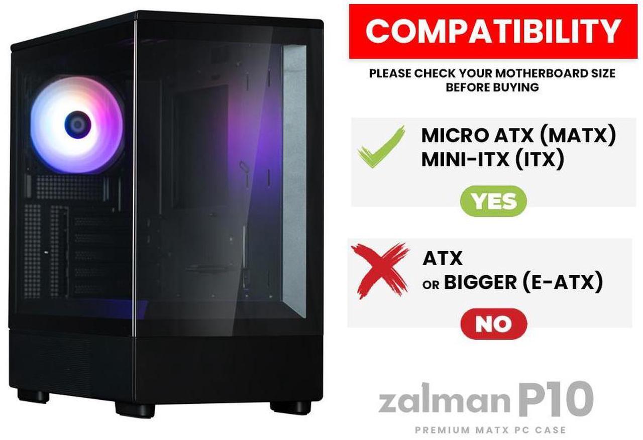 Alt view image 7 of 7 - Zalman P10 Mini Tower Micro-ATX mATX Gaming PC Case, 120mm ARGB 4-pin PWM Fan Pre-Installed, Panoramic Tempered Glass Front & Side Panel, Type-C & USB 3.0, Black