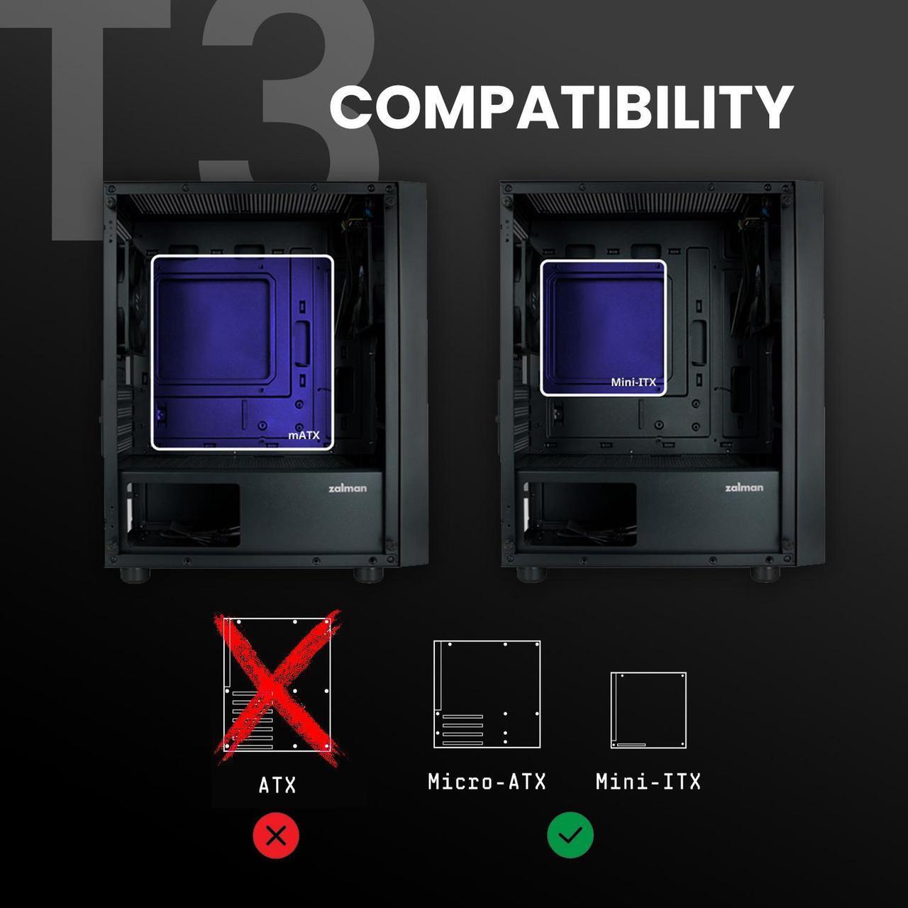 Alt view image 5 of 7 - Zalman T3 Compact Mini Tower M-ATX PC Case - 2 x 120mm Fans Pre-Installed, Tempered Glass Side Panel, Compatible with Micro-ATX & Mini-ITX, Desktop Computer Chassis