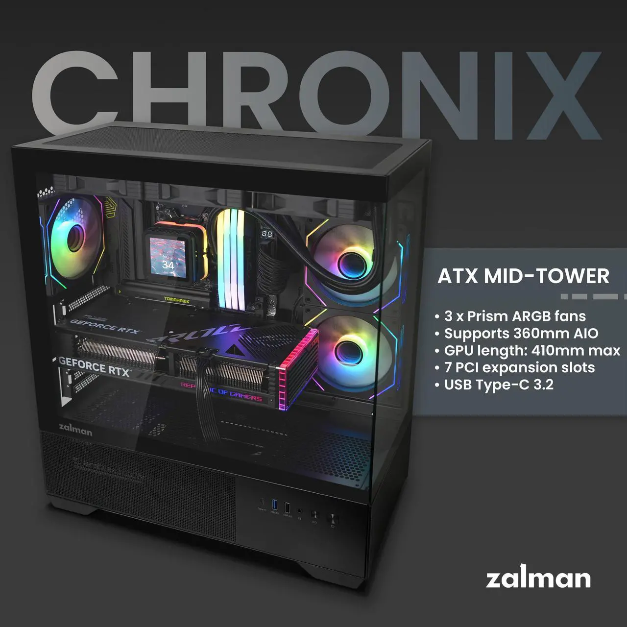 Alt view image 3 of 7 - Zalman CHRONIX Mid Tower ATX Gaming PC Case with 3 x 120mm Prism ARGB Fans Preinstalled, 360mm Radiator Support, Type-C 3.2 Ready, Supports 50 Series Graphics Cards, Black