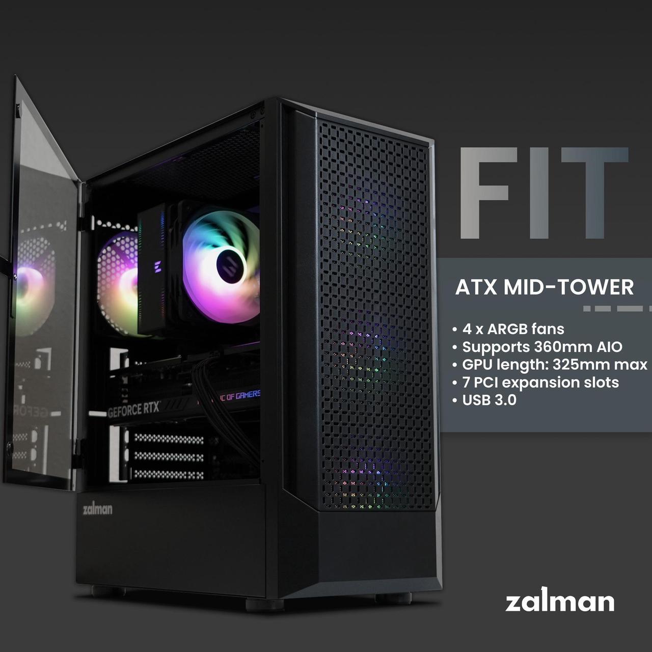 Alt view image 3 of 7 - Zalman FIT ATX PC Case, High Airflow, 4 x 120mm ARGB Fans (Non-PWM), Tempered Glass Side Panel, USB 3.0, Compact Mid-Tower Gaming Computer Case, Black
