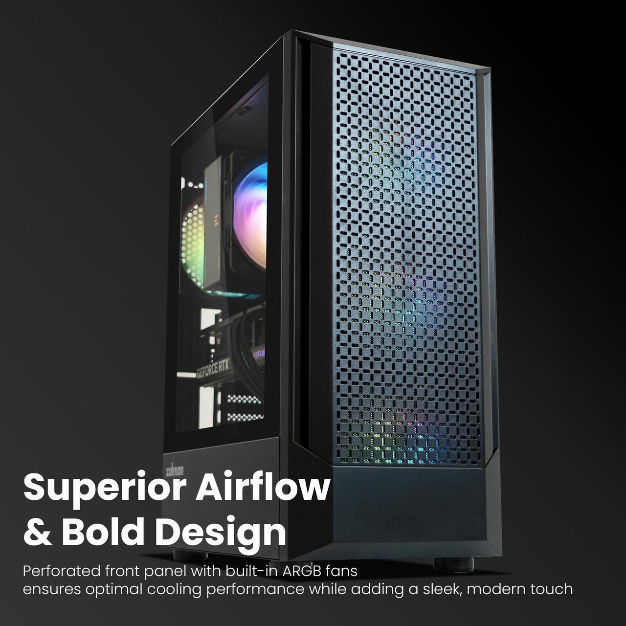 Alt view image 4 of 7 - Zalman FIT ATX PC Case, High Airflow, 4 x 120mm ARGB Fans (Non-PWM), Tempered Glass Side Panel, USB 3.0, Compact Mid-Tower Gaming Computer Case, Black