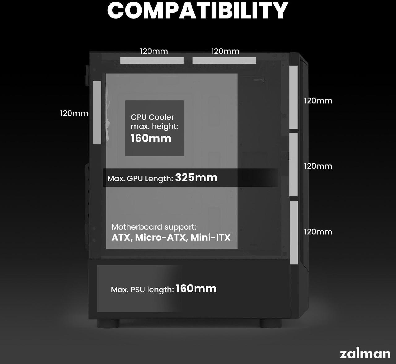 Alt view image 7 of 7 - Zalman FIT ATX PC Case, High Airflow, 4 x 120mm ARGB Fans (Non-PWM), Tempered Glass Side Panel, USB 3.0, Compact Mid-Tower Gaming Computer Case, Black