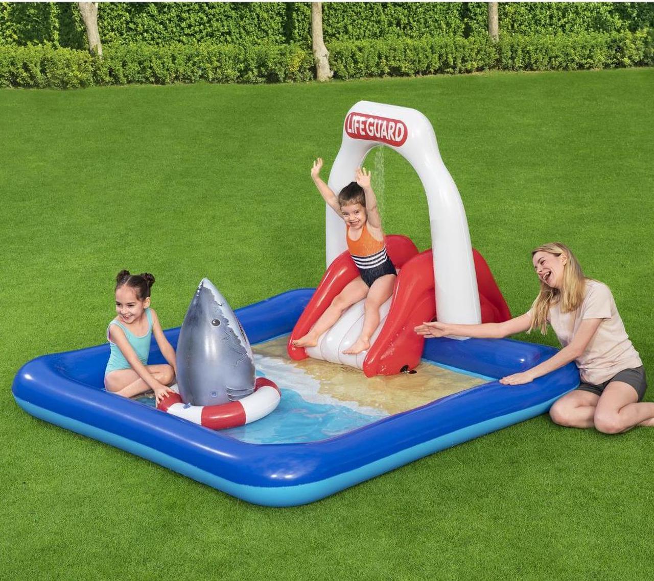 Lifeguard Tower Pool for Kids| Inflatable pool with Detachable Water Slide and Sprinkler | Landing Cushion and Floating Shark Bop bag| 7.6ft X 6.6ft X 4.2 ft