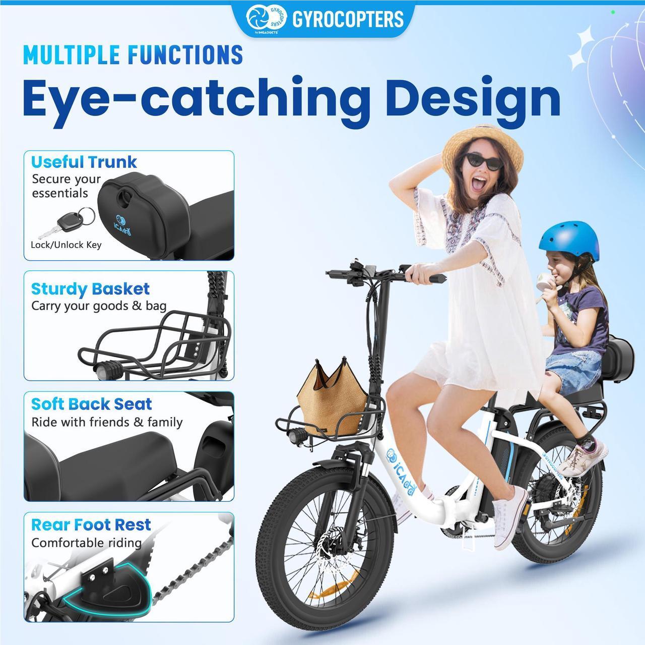 Alt view image 4 of 7 - Gyrocopters iCaddy Foldable Electric Bike | UL 2849 | 650W Peak Brushless DC Motor | 15.6AH Battery | Up to 125 km PAS Range | Speed Up to 40 km/h | Cushioned Seat & Backrest | Front Basket | LED Disp