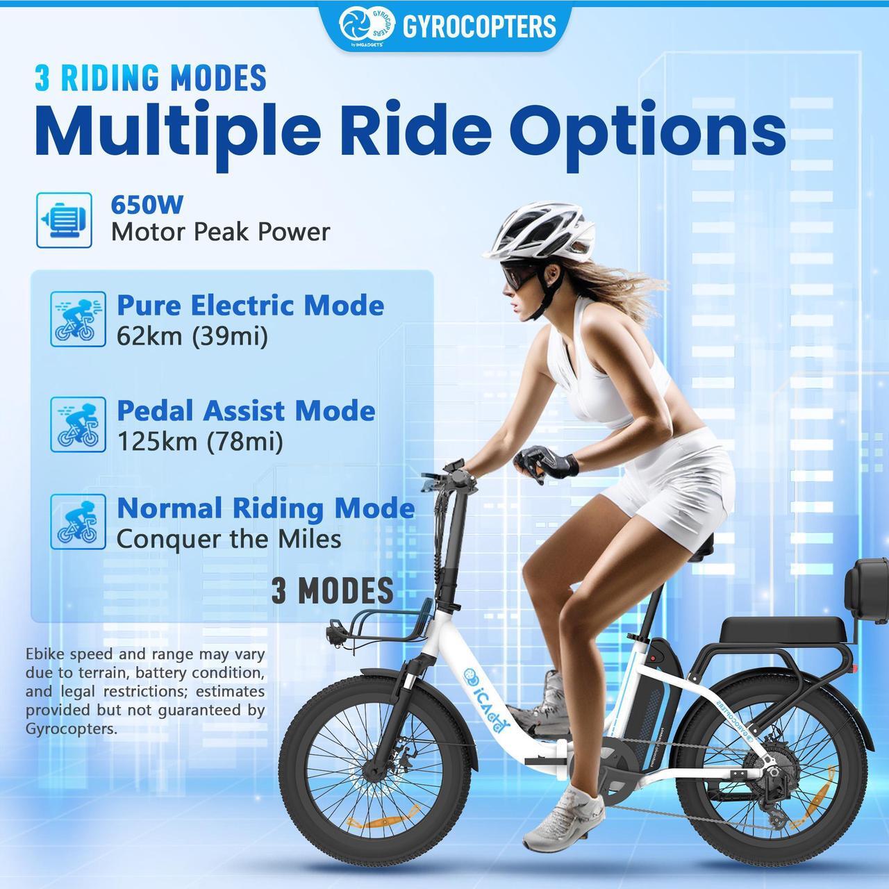 Alt view image 5 of 7 - Gyrocopters iCaddy Foldable Electric Bike | UL 2849 | 650W Peak Brushless DC Motor | 15.6AH Battery | Up to 125 km PAS Range | Speed Up to 40 km/h | Cushioned Seat & Backrest | Front Basket | LED Disp