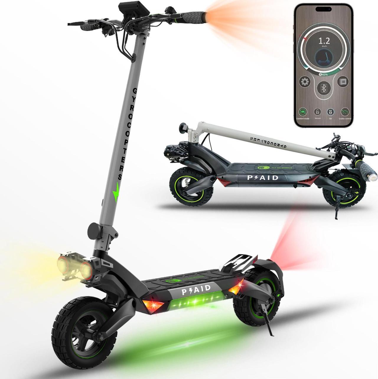 Gyrocopters Plaid Electric Scooter for adults| Off- Road Tires with dual shocks | Range up to 35 kms | Speed upto 42Kmh| 800W Motor | Smart App